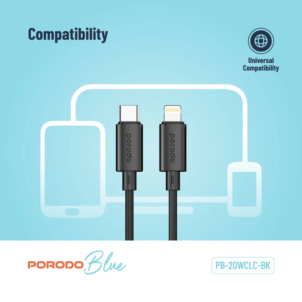 PORODO BLUE USB C TO LIGHTNING FAST CHARGE & DATA 27W PD CABLE  4 FT 1.2M BLACK PB-20WCLC-BK thumbnail 3