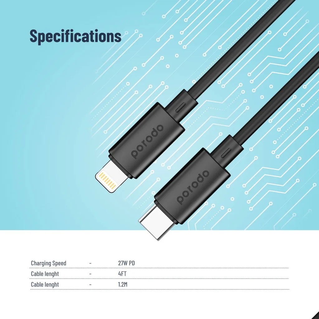 PORODO BLUE USB C TO LIGHTNING FAST CHARGE & DATA 27W PD CABLE  4 FT 1.2M BLACK PB-20WCLC-BK thumbnail 2