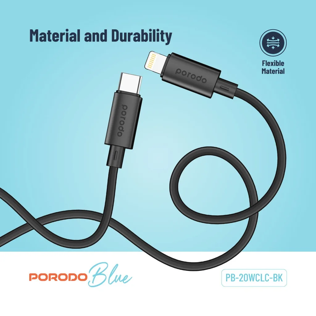 PORODO BLUE USB C TO LIGHTNING FAST CHARGE & DATA 27W PD CABLE  4 FT 1.2M BLACK PB-20WCLC-BK thumbnail 6