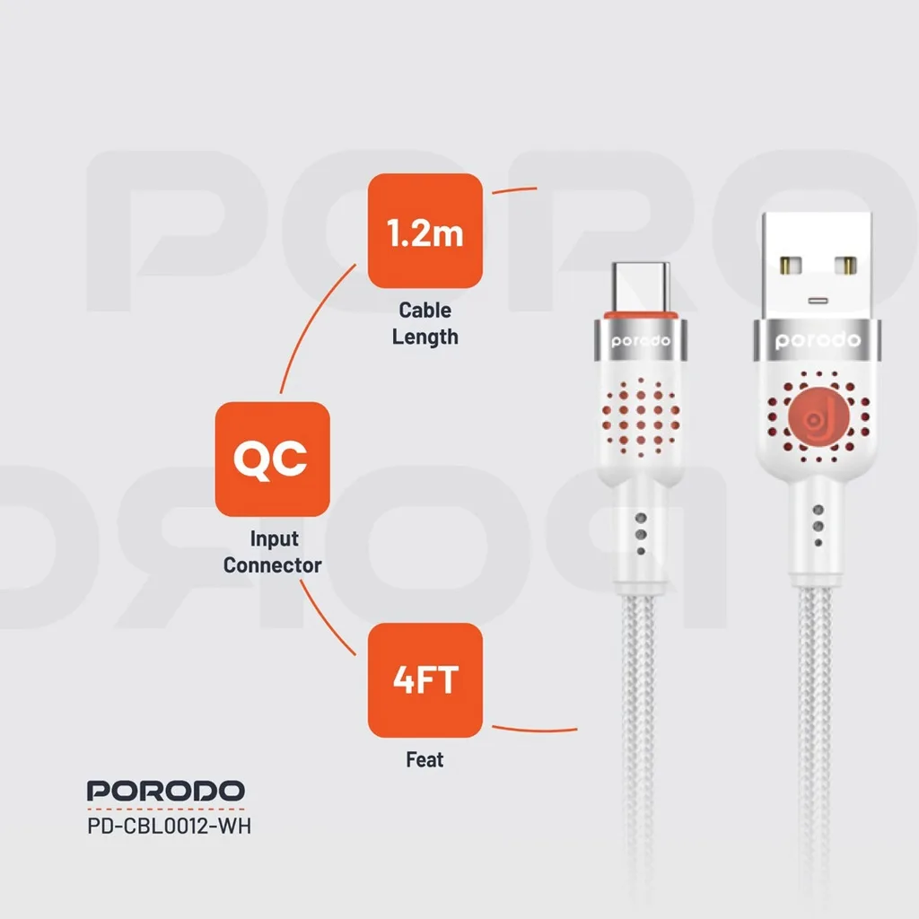 PORODO BRAIDED CABLE USB A TO TYPE C WHITE PDCBL0012WH thumbnail 9