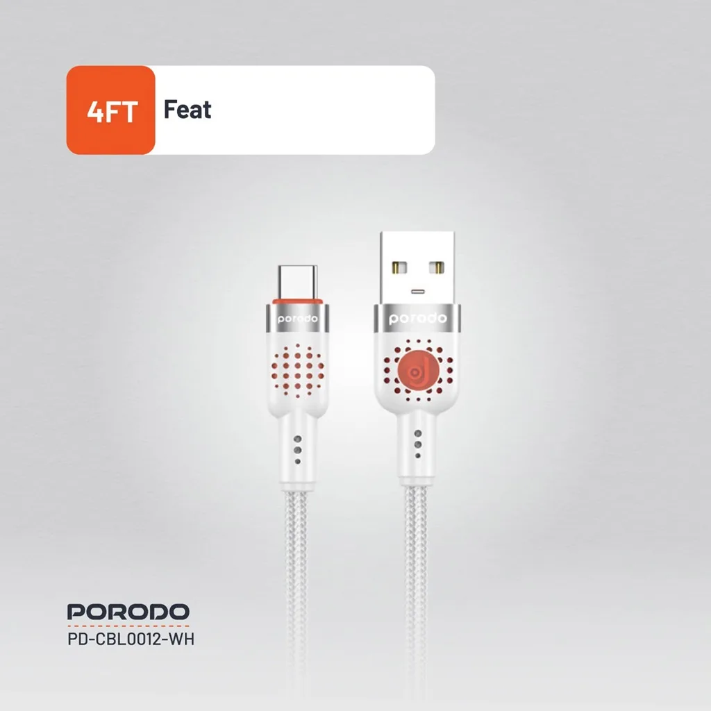 PORODO BRAIDED CABLE USB A TO TYPE C WHITE PDCBL0012WH thumbnail 8