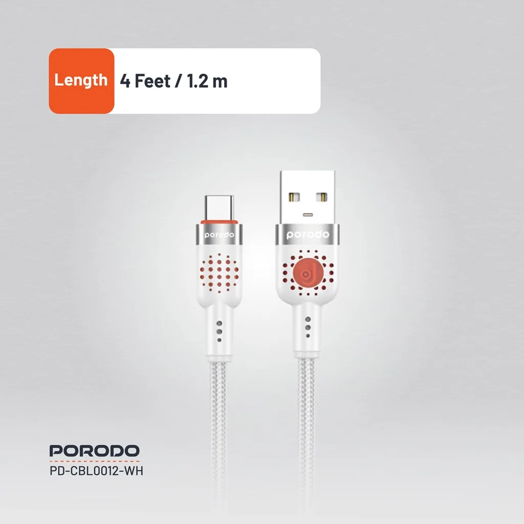 PORODO BRAIDED CABLE USB A TO TYPE C WHITE PDCBL0012WH thumbnail 6