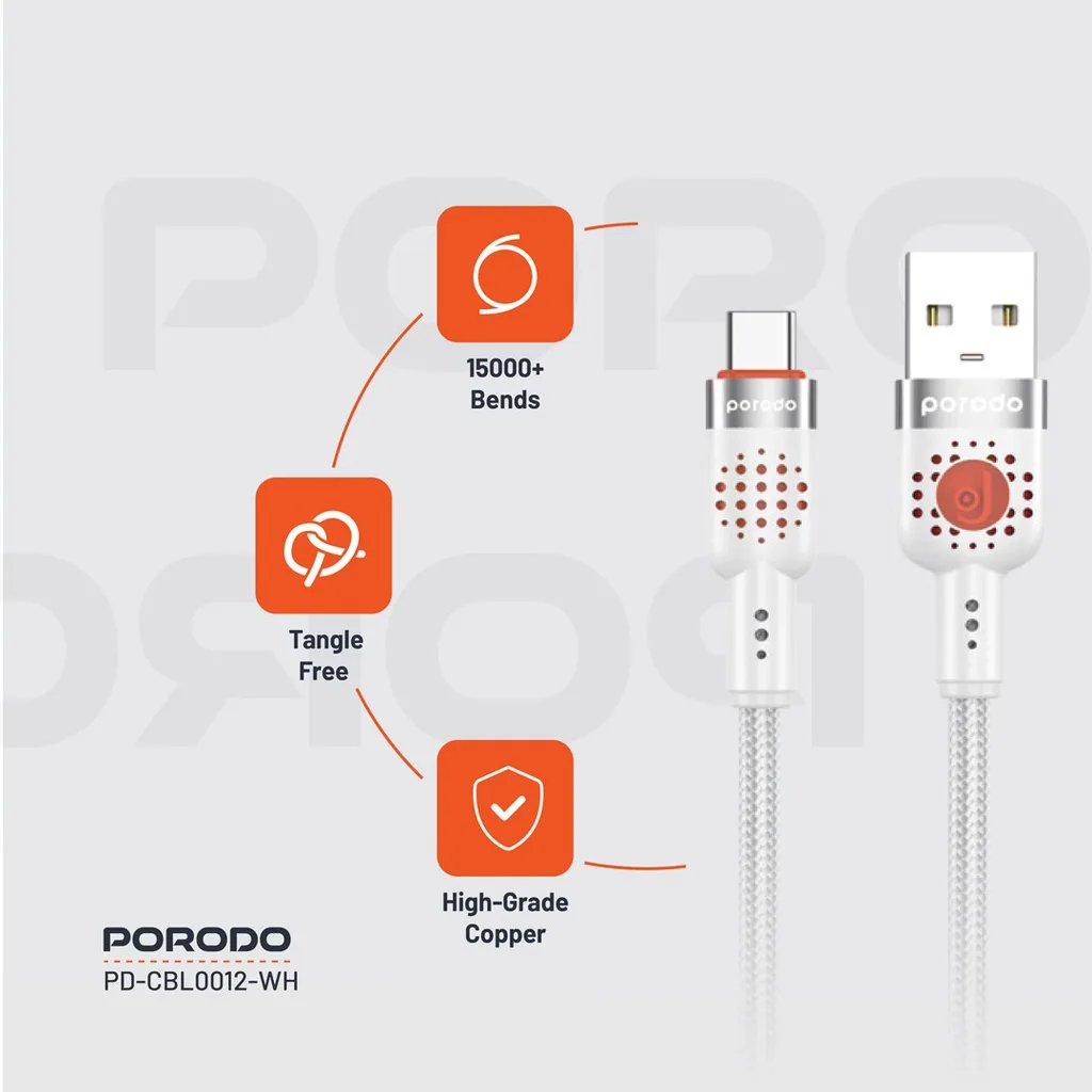 PORODO BRAIDED CABLE USB A TO TYPE C WHITE PDCBL0012WH thumbnail 5