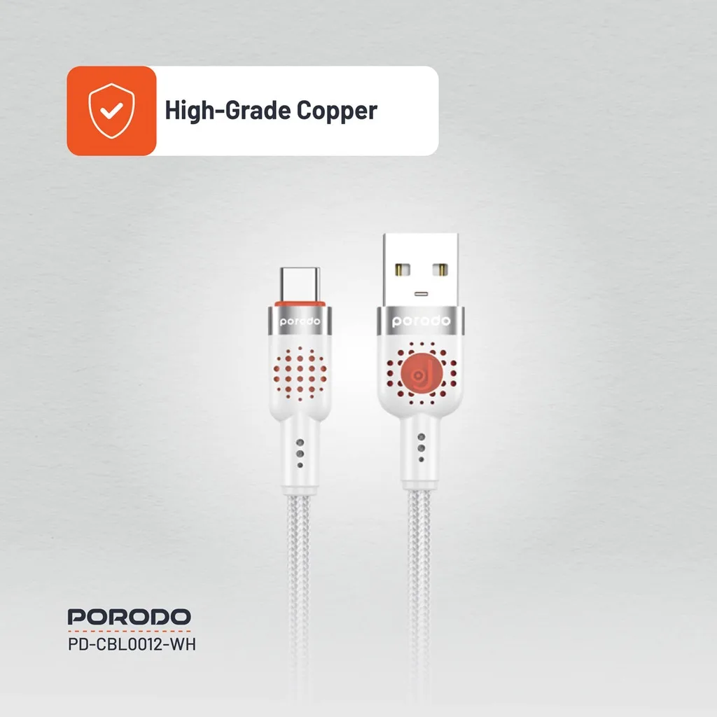 PORODO BRAIDED CABLE USB A TO TYPE C WHITE PDCBL0012WH thumbnail 2