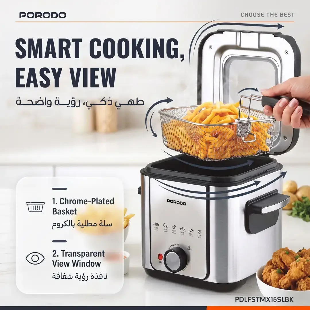 PORODO LIFESTYLE CRISPO SINGLE BASKET ELECTRIC DEEP FRYER 1.5L SILVER-BLACK PDLFSTMX15SLBK thumbnail 2
