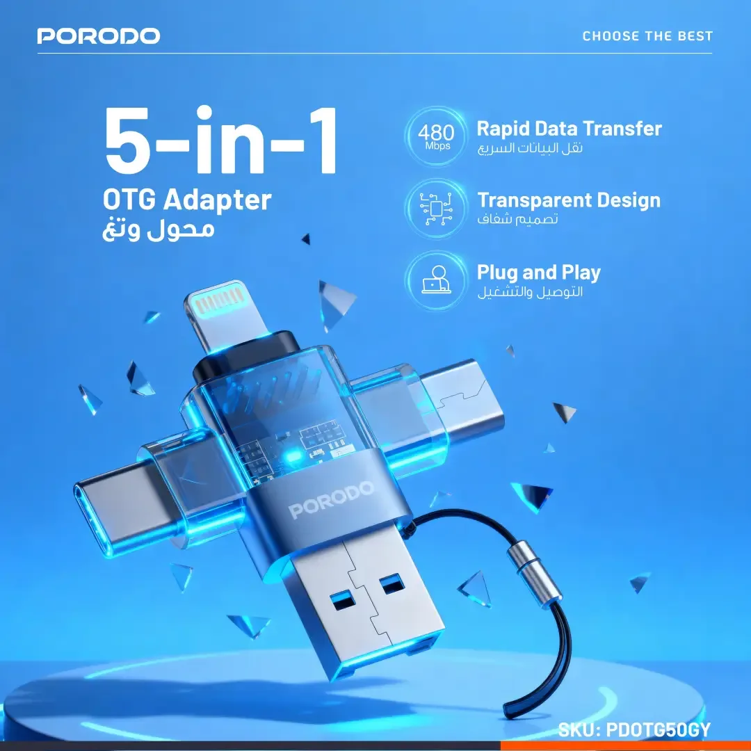 PORODO MINILINK TRANSPARENT OTG ADAPTER USB C MICRO USB LIGHTNING AND MEMORY CARD GREY PDOTG50GY thumbnail 4