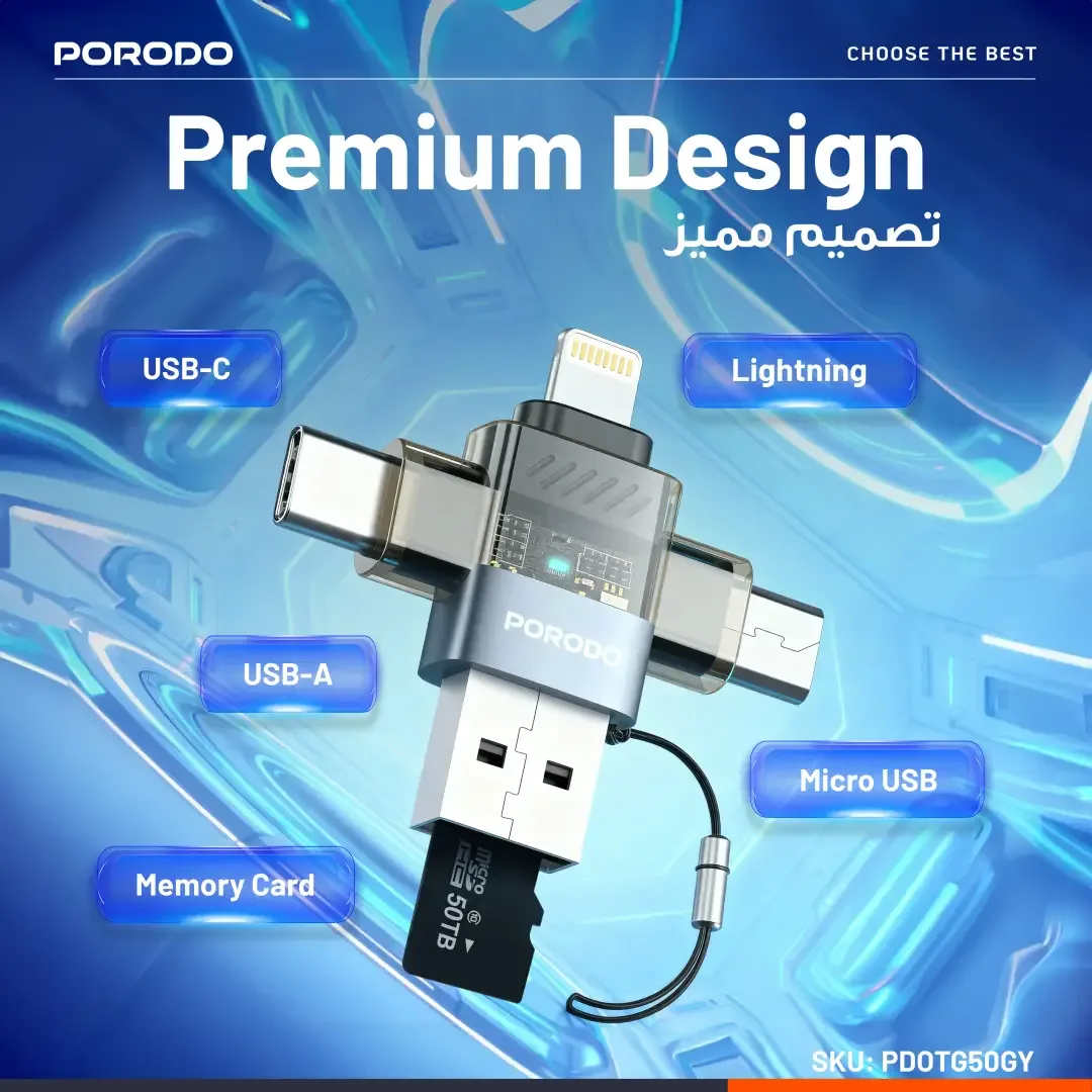 PORODO MINILINK TRANSPARENT OTG ADAPTER USB C MICRO USB LIGHTNING AND MEMORY CARD GREY PDOTG50GY thumbnail 2