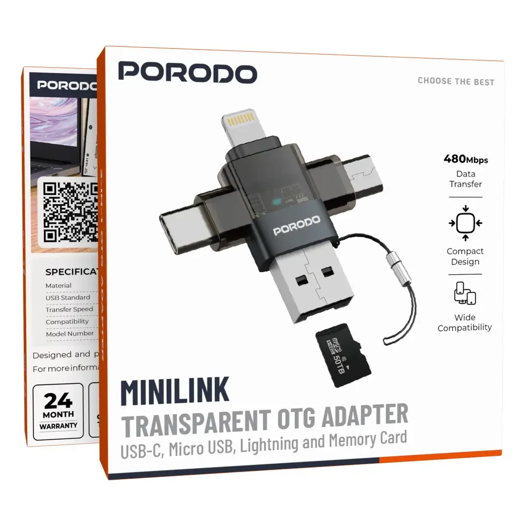 PORODO MINILINK TRANSPARENT OTG ADAPTER USB C MICRO USB LIGHTNING AND MEMORY CARD GREY PDOTG50GY thumbnail 7