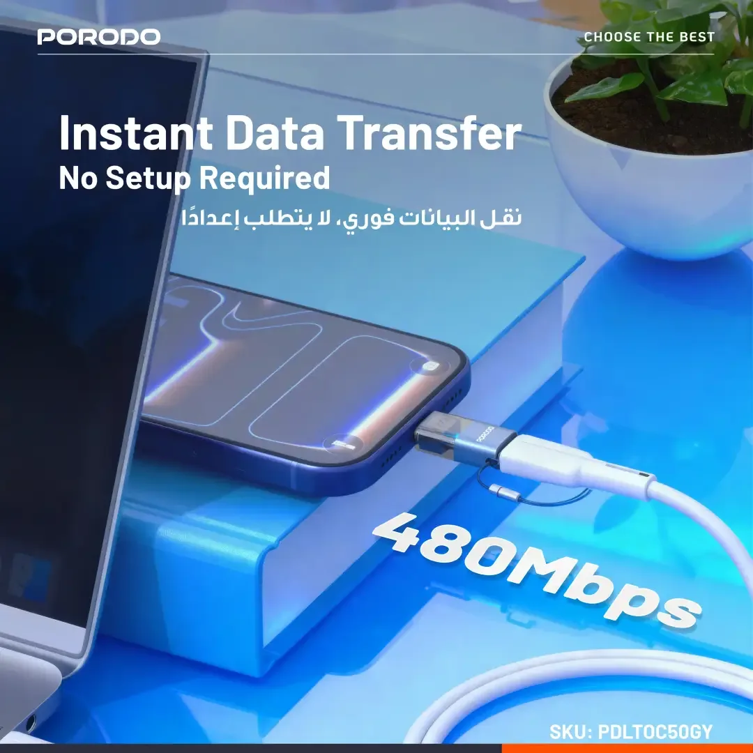 PORODO MINILINK TRANSPARENT OTG ADAPTER LIGHTNING TO USB C GREY PDLTOC50GY thumbnail 3