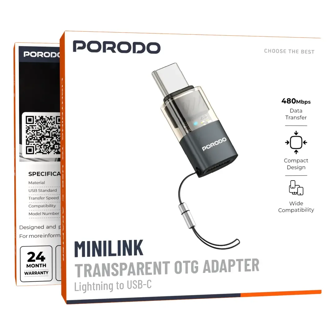 PORODO MINILINK TRANSPARENT OTG ADAPTER LIGHTNING TO USB C GREY PDLTOC50GY thumbnail 6