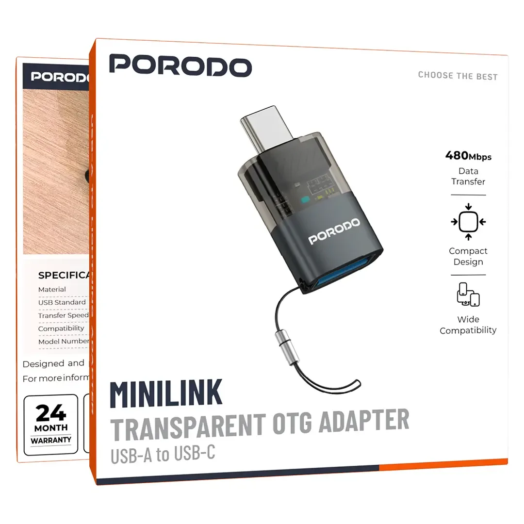 PORODO MINILINK TRANSPARENT OTG ADAPTER USB A TO USB C GREY PDATOC50GY thumbnail 6