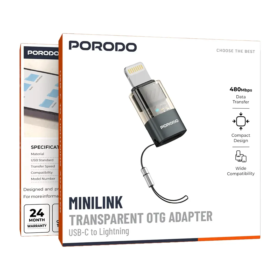 PORODO MINILINK TRANSPARENT OTG ADAPTER USB C TO LIGHTNING GREY PDCTOL50GY thumbnail 6
