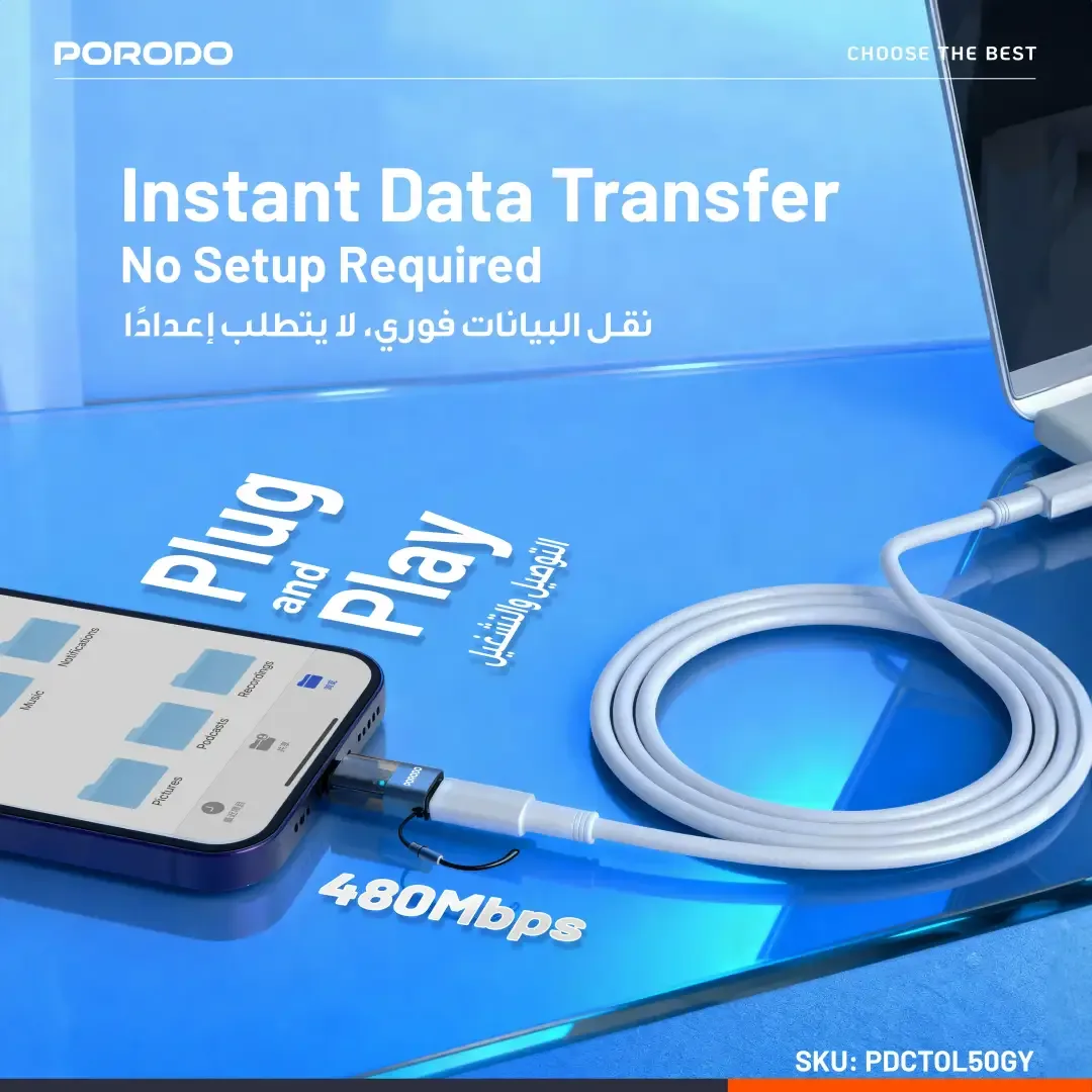 PORODO MINILINK TRANSPARENT OTG ADAPTER USB C TO LIGHTNING GREY PDCTOL50GY thumbnail 3