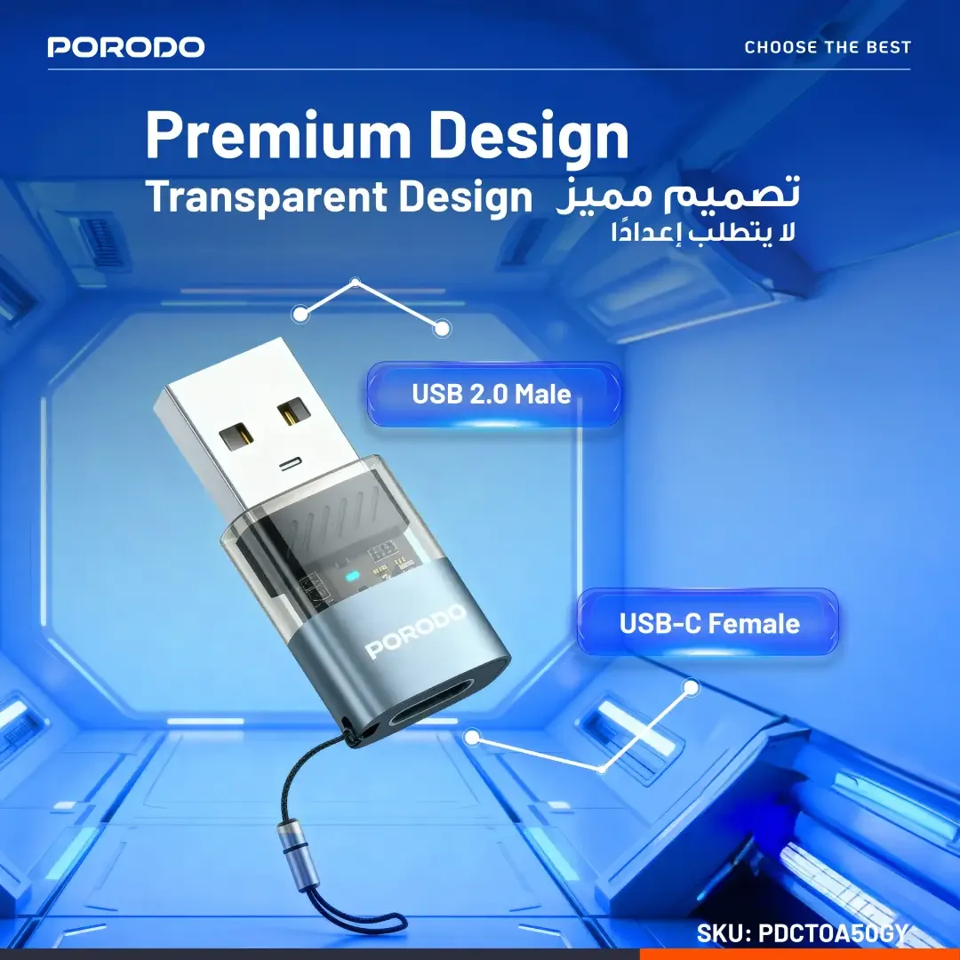 PORODO MINILINK TRANSPARENT OTG ADAPTER USB C TO USB A GREY PDCTOA50GY thumbnail 2