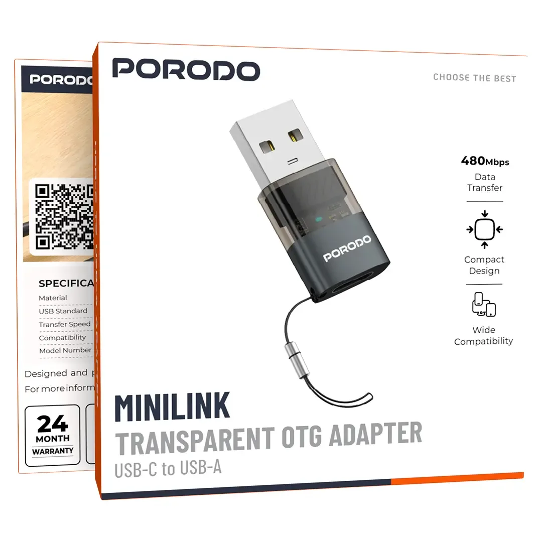 PORODO MINILINK TRANSPARENT OTG ADAPTER USB C TO USB A GREY PDCTOA50GY thumbnail 6