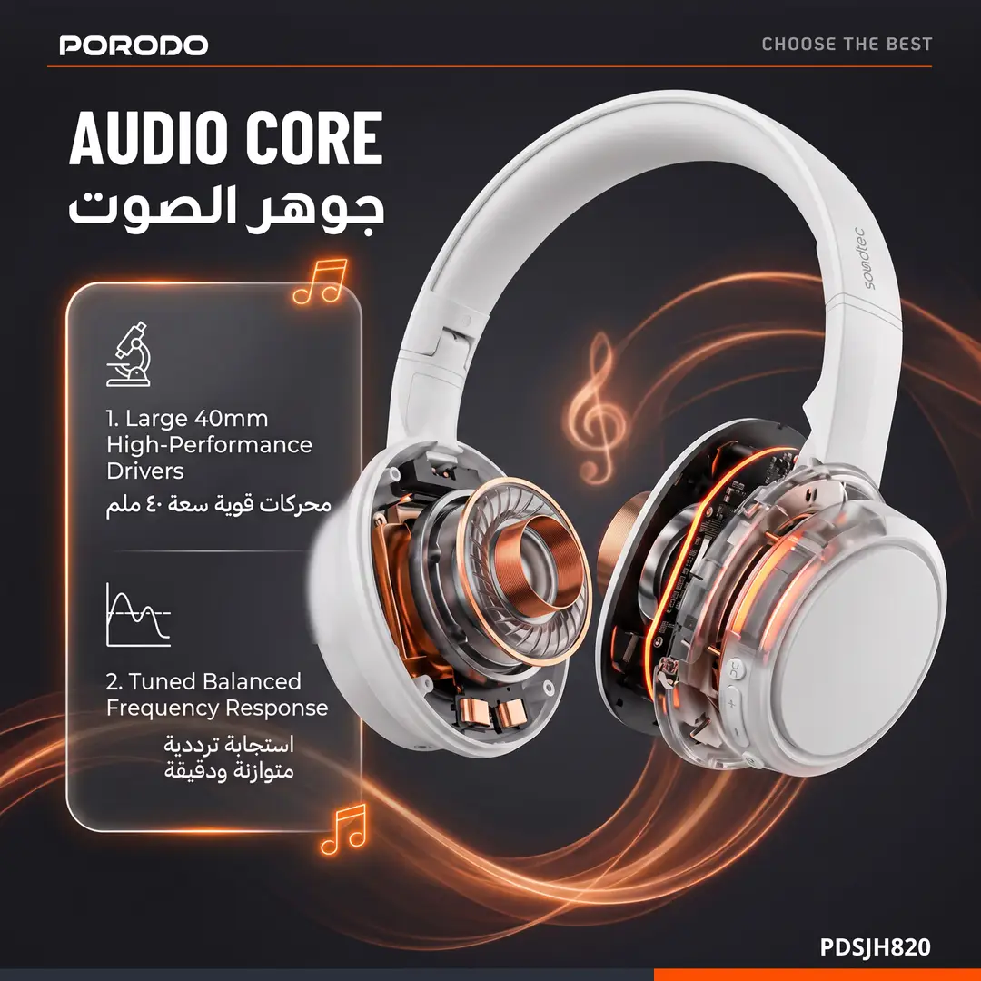 PORODO SOUNDTEC SONIK WIRED AND WIRELESS HEADPHONES WITH PREMIUM LEATHER EARPADS WHITE PDSJH820WH thumbnail 2