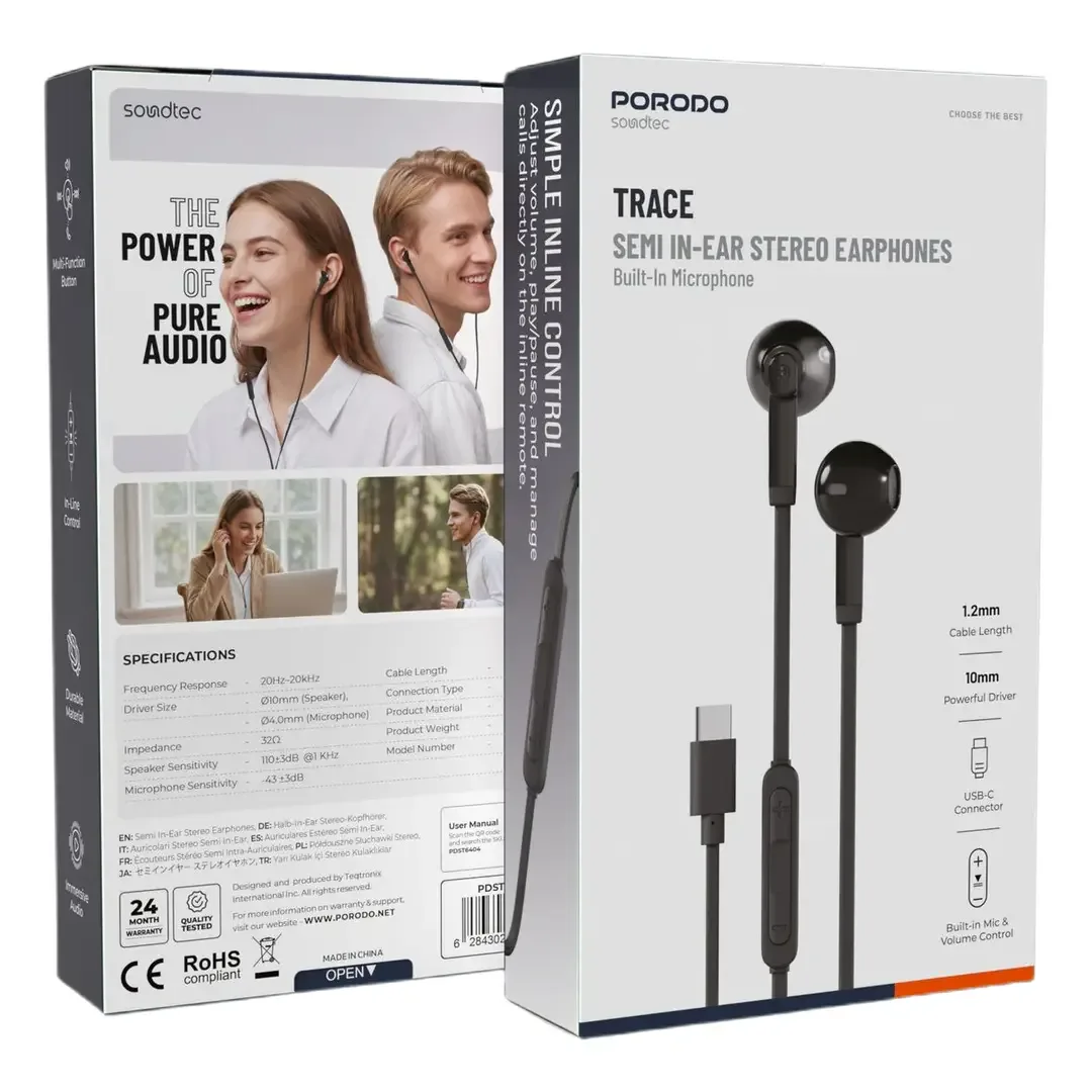 PORODO SOUNDTEC TRACE SEMI IN EAR STEREO EARPHONES BLACK PDST6404BK thumbnail 6