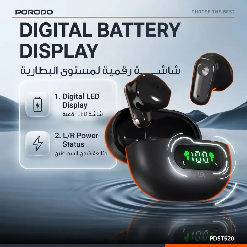 PORODO SOUNDTEC ZEPHRA TRUE WIRELESS EARBUDS WITH DIGITAL DISPLAY BEIGE PDST520BG thumbnail 4