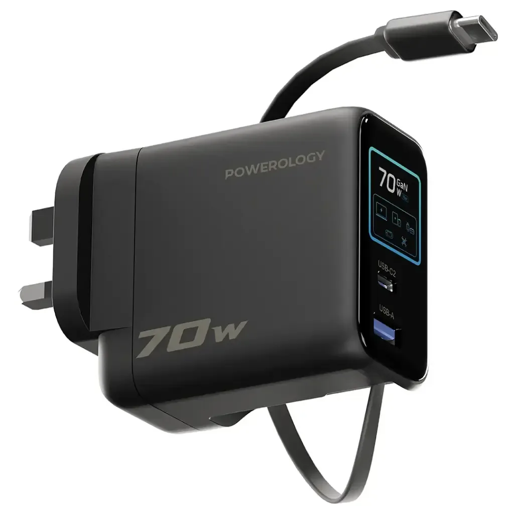POWEROLOGY 70W AI TFT ADAPTER RETRACTABLE TYPE C CABLE BLACK PWCUQC70WBK thumbnail 2