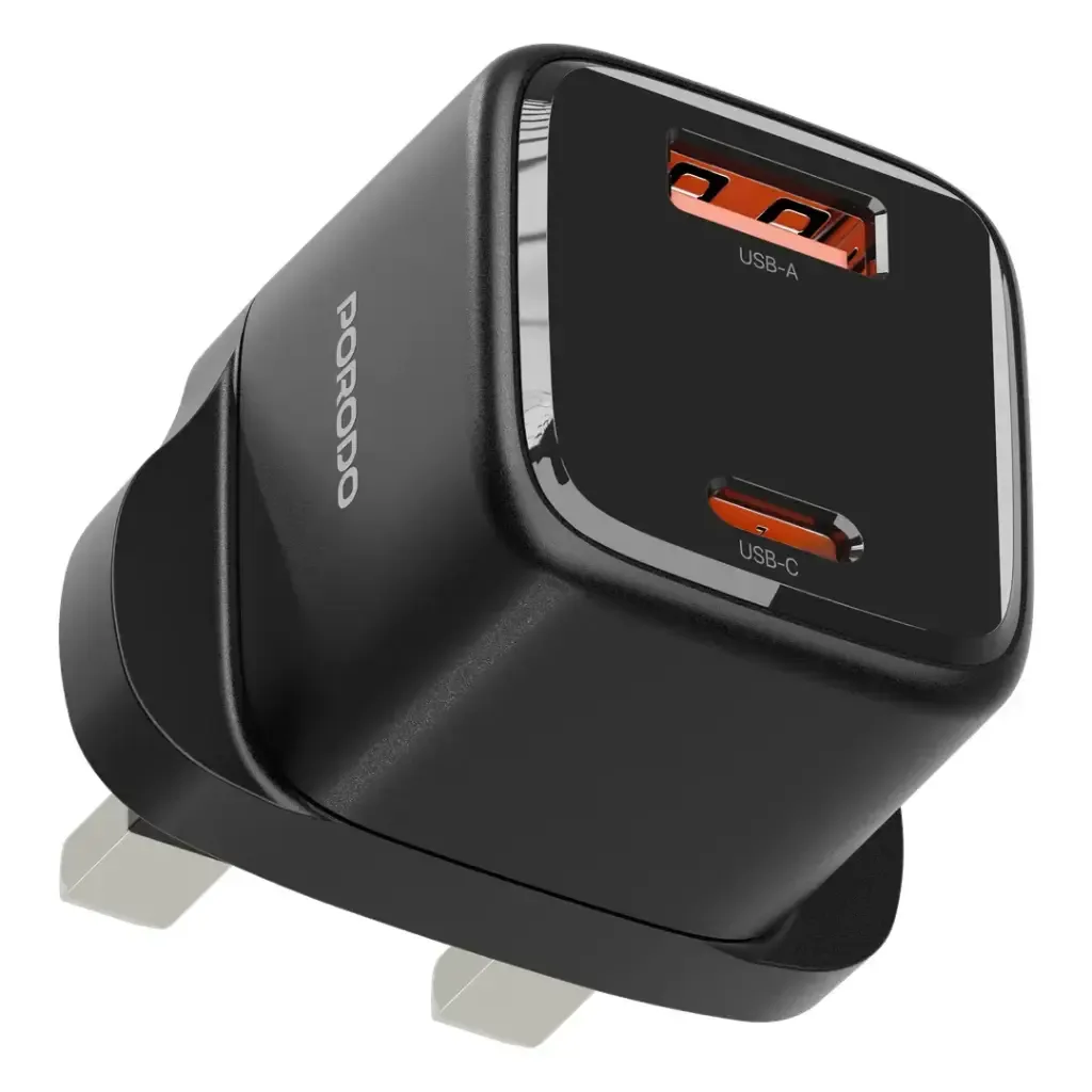 PORODO VIKTOR SERIES 25W DUAL PORT WALL CHARGER UK STANDARD INCLUDE USB C TO USB C CABLE BLACK PD805UCBK