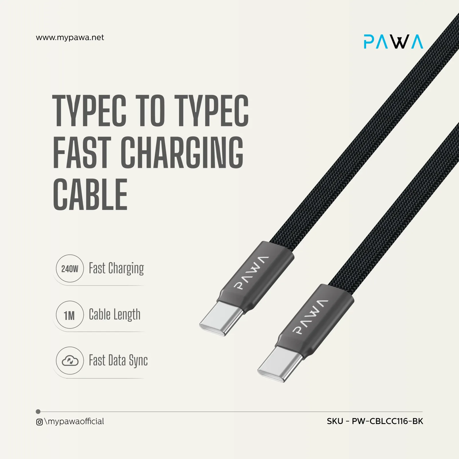 PAWA IGNITESYNC MAGNETIC BRAIDED CABLE TYPE C TO TYPE C 240W 1M BLACK PW-CBLCC116-BK thumbnail 3