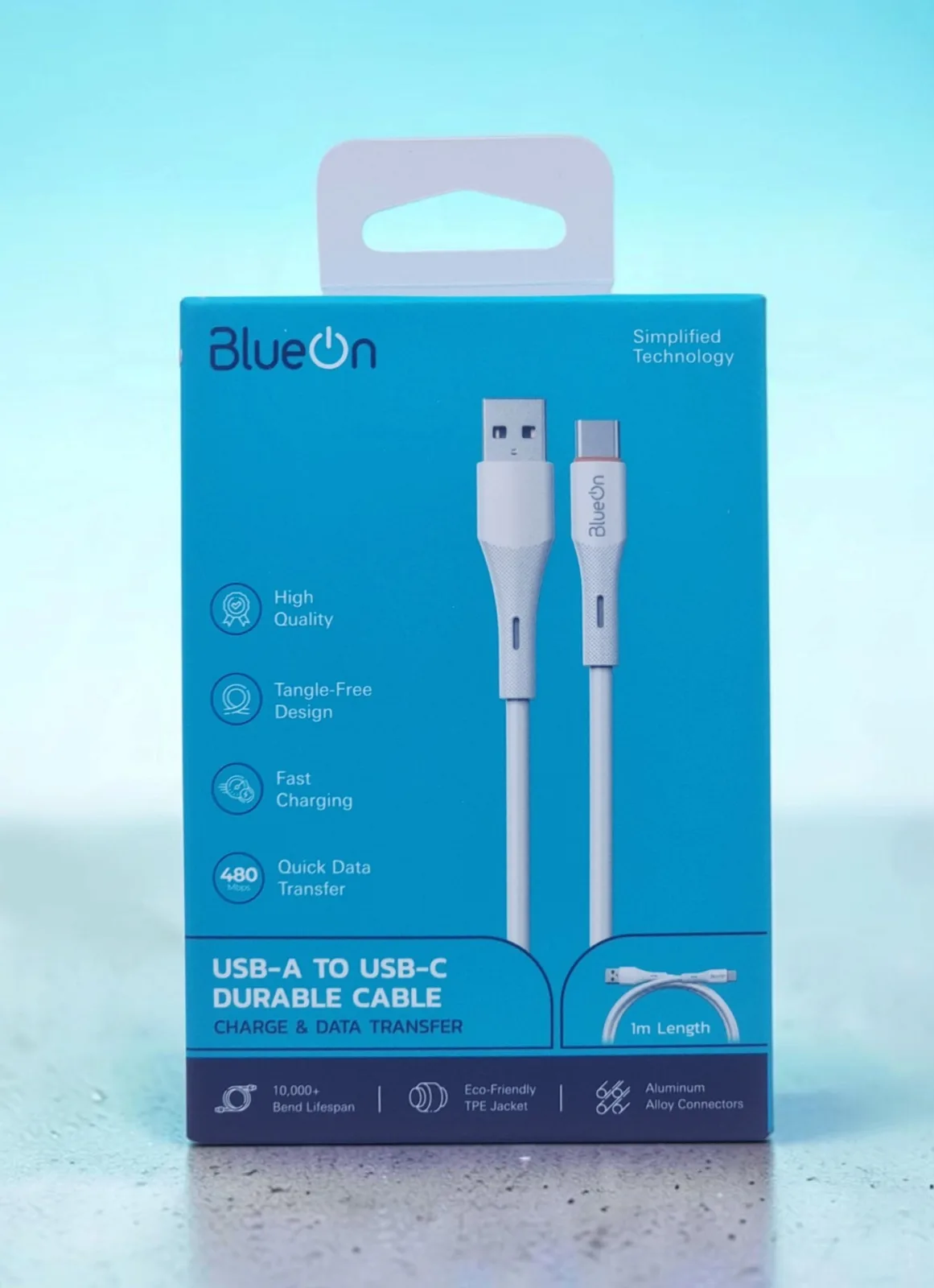 BLUEON USB A TO USB C DURABLE CABLE 1M WHITE BOATTCWH