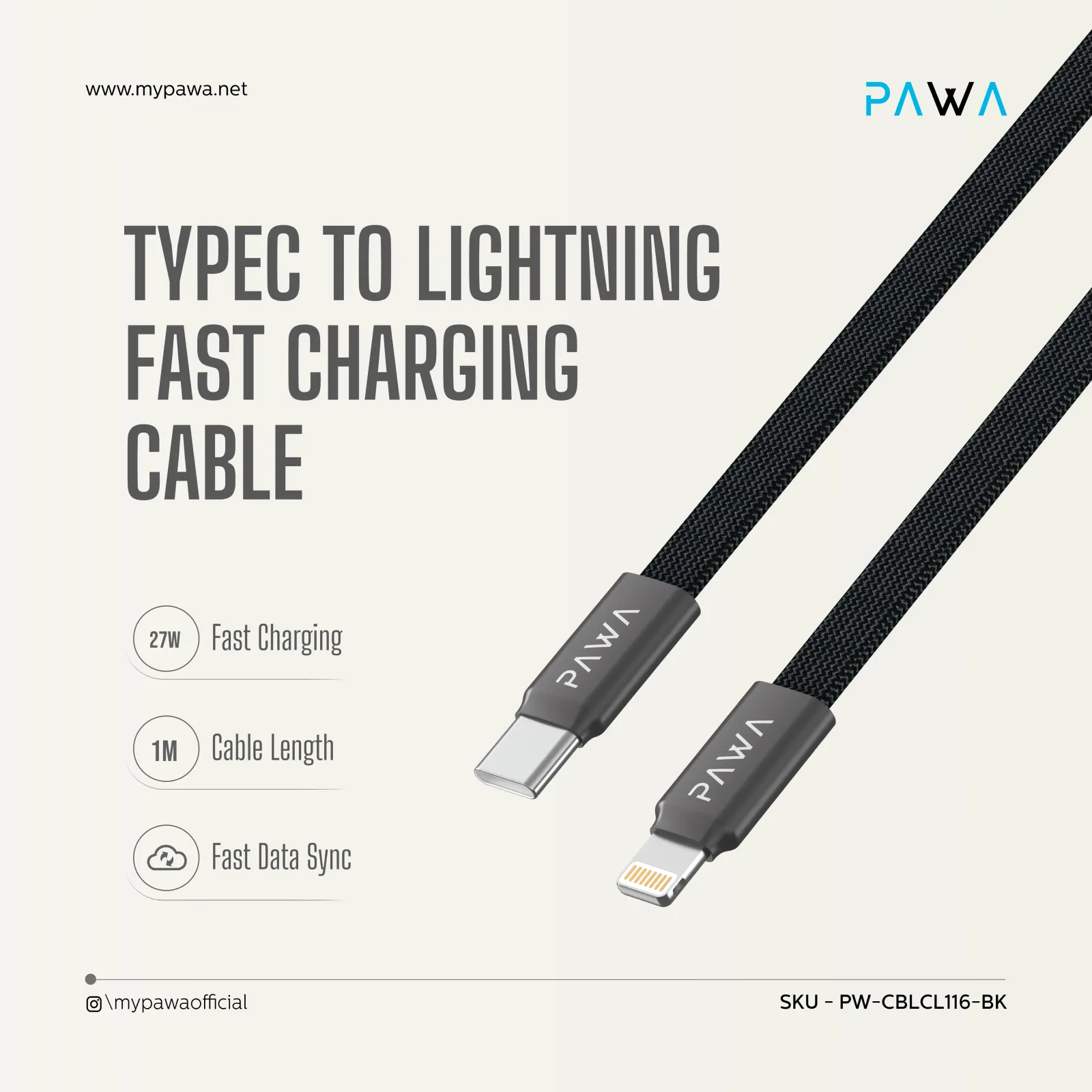 PAWA IGNITESYNC MAGNETIC BRAIDED CABLE TYPE C TO LIGHTNING 27W 1M BLACK PW-CBLCL116-BK thumbnail 3