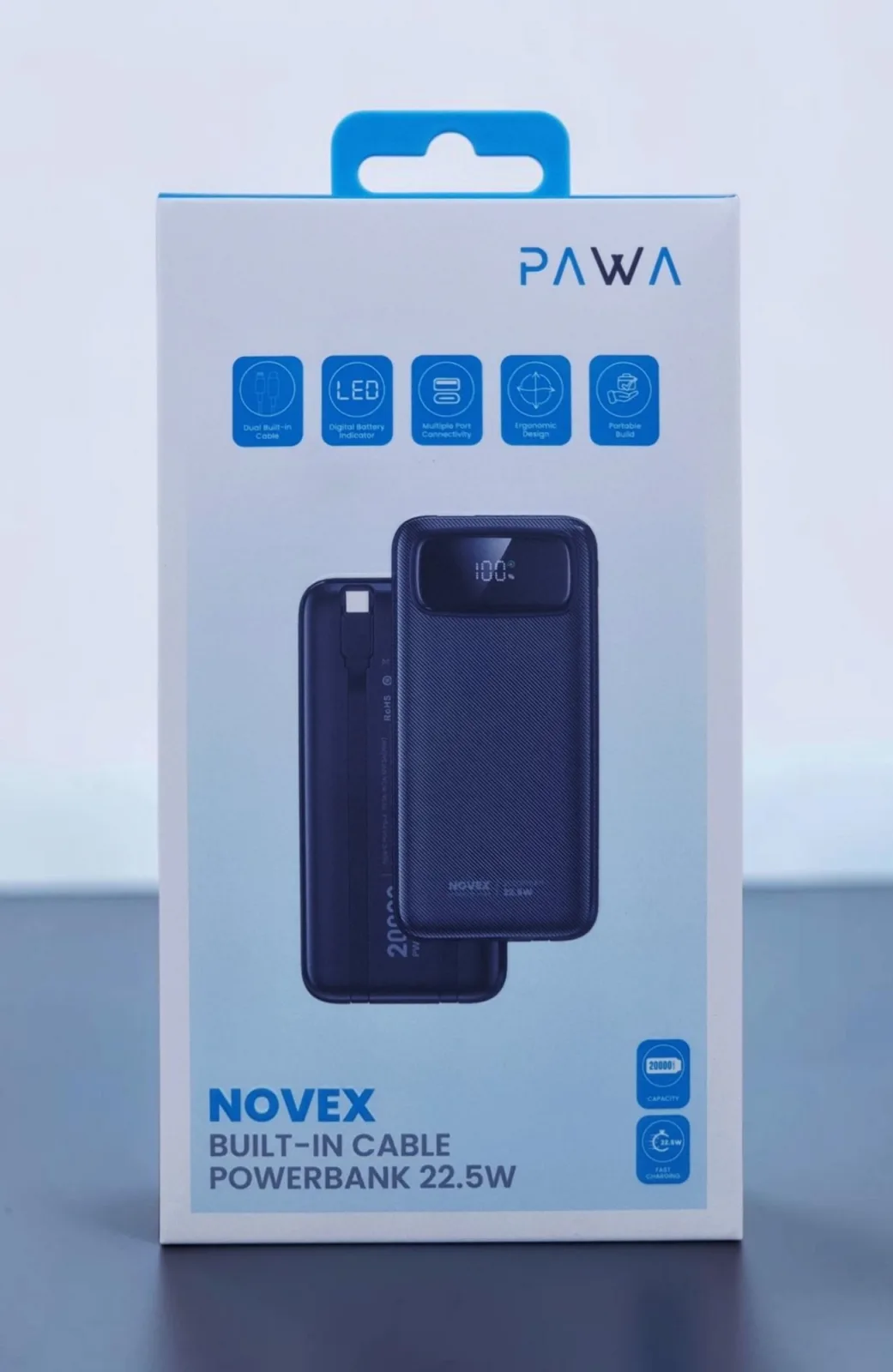 PAWA NOVEX BUILT IN CABLE POWER BANK 20000MAH 22.5W BLACK PW-PBNX20TT-BK