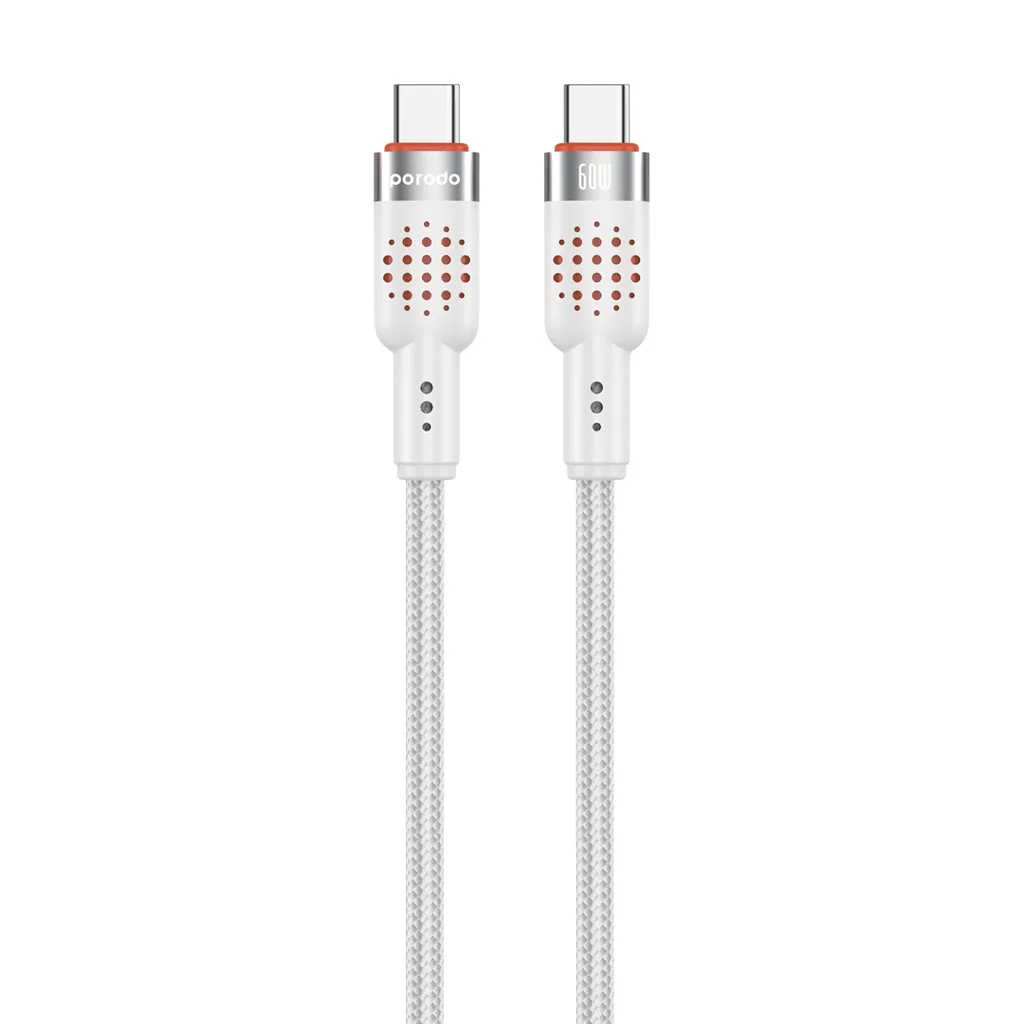 PORODO USB C TO USB C ALUMINUM BRAIDED CABLE DATA TRANSFER AND FAST CHARGE PD60W 1.2M WHITE PDCBL0009WH