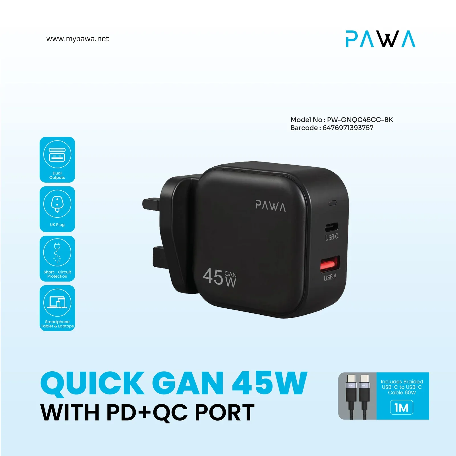 PAWA QUICK GAN 45W WITH PD+ QC PORT WITH BRAIDED USB C TO USB C CABLE BLACK PW-GNQC45CC-BK thumbnail 5