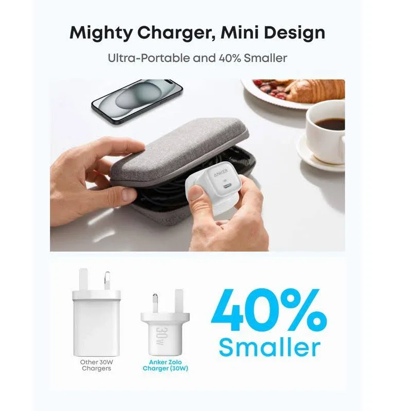 ANKER ZOLO CHARGER 20W PD 3.0 WITH USB C TO USB C CABLE WHITE B2699K21 thumbnail 2