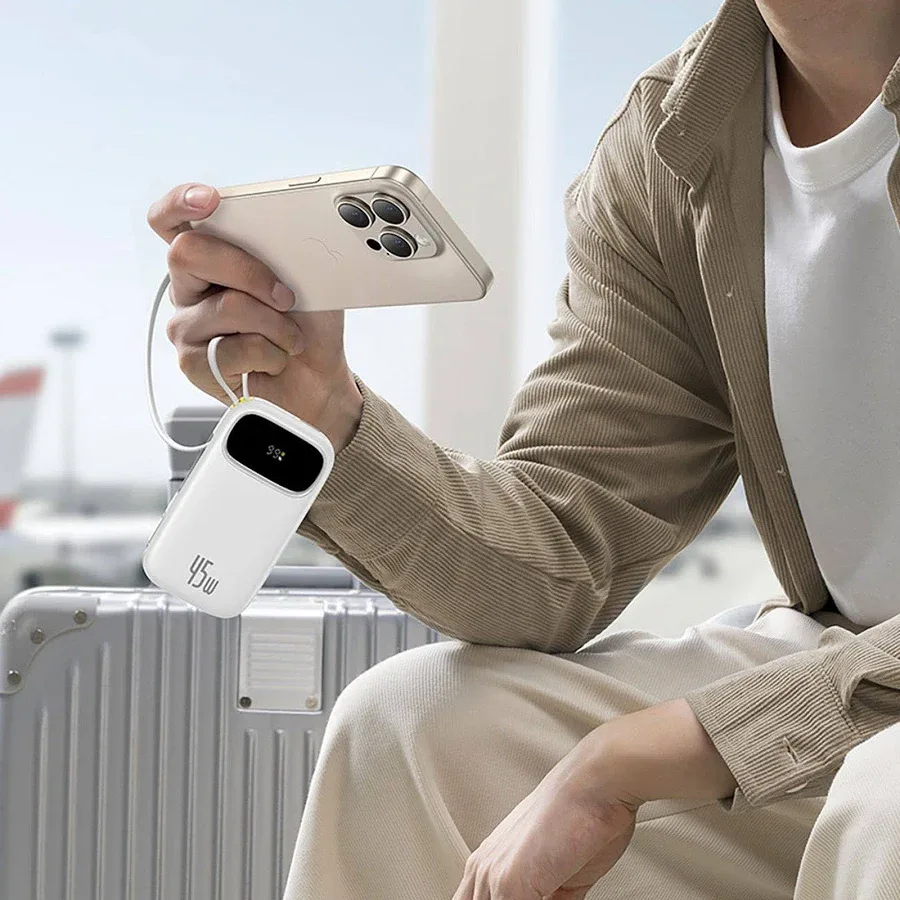 BASEUS QP0W 3 DIGITAL DISPLAY FAST CHARGING POWER BANK WITH 2 BUILT IN USB C CABLES 20000MAH 45W MOON WHITE P10082105213 thumbnail 2