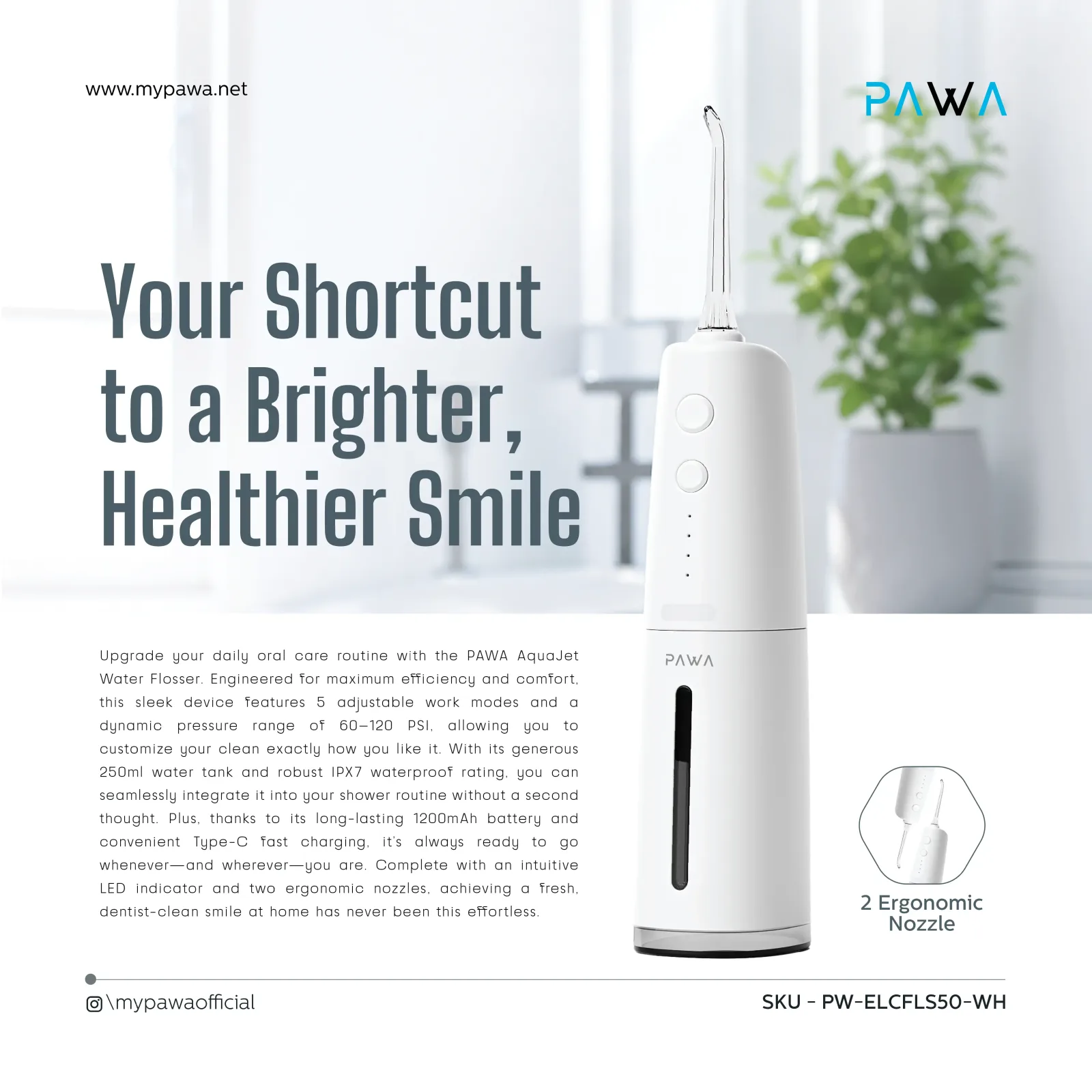 PAWA AQUAJET WATER FLOSSER WHITE PW-ELCFLS50-WH thumbnail 3