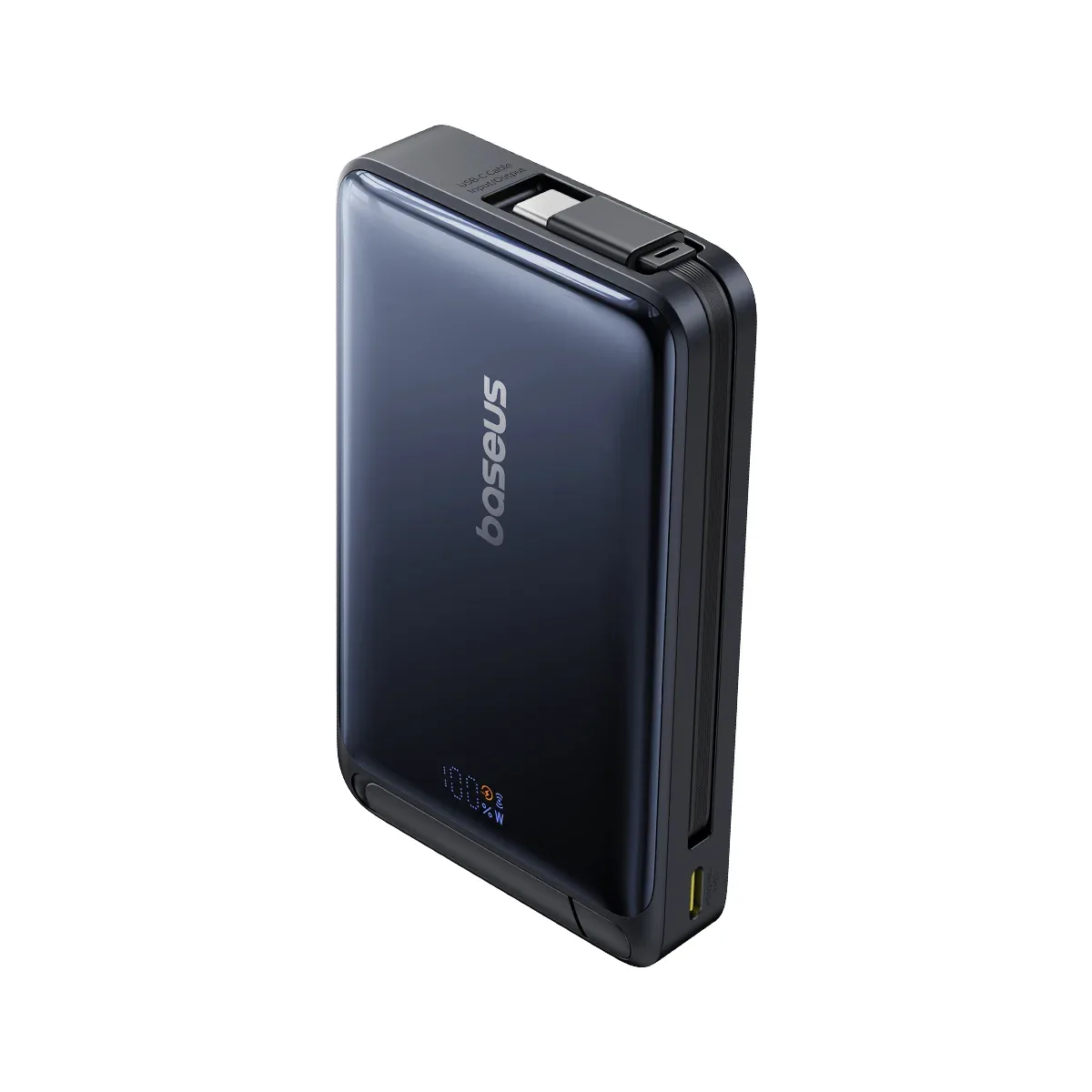 BASEUS NOMOS QI2 KICKSTAND MAGNETIC POWER BANK BUILT IN USB C CABLE 10000MAH 45W COSMIC BLACK P10078800123
