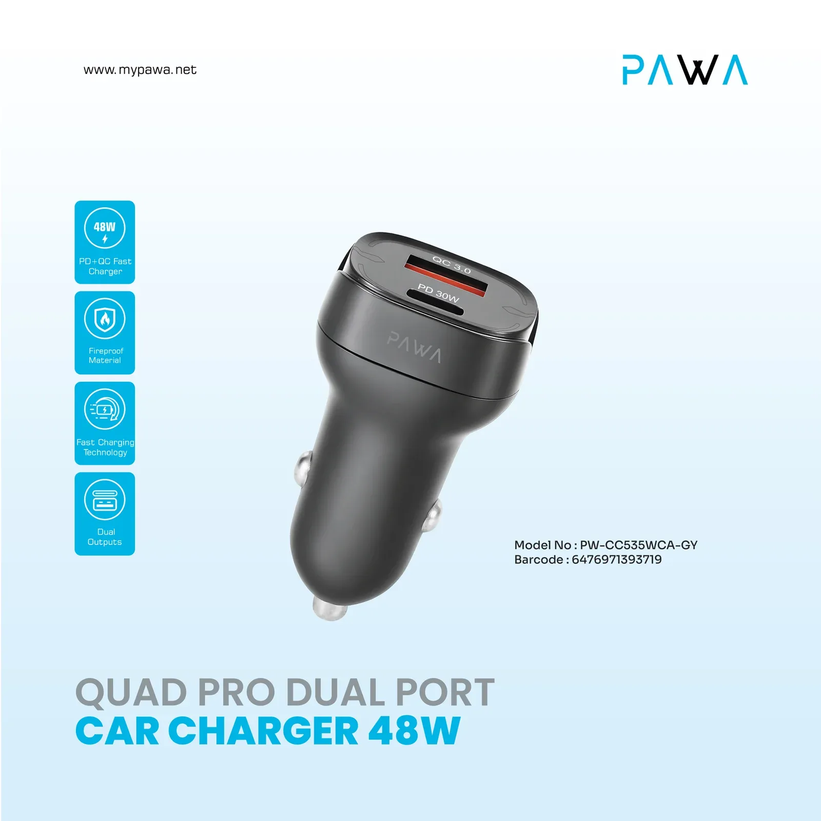 PAWA QUAD PRO DUAL PORT CAR CHARGER 48W GREY PW-CC535WCA-GY thumbnail 6