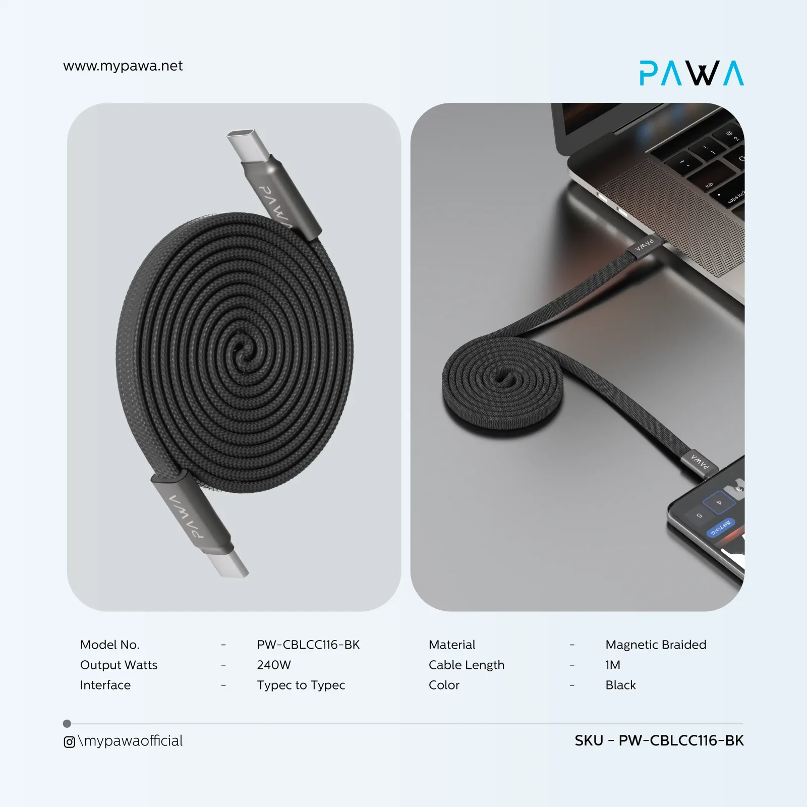 PAWA IGNITESYNC MAGNETIC BRAIDED CABLE TYPE C TO TYPE C 240W 1M BLACK PW-CBLCC116-BK thumbnail 2