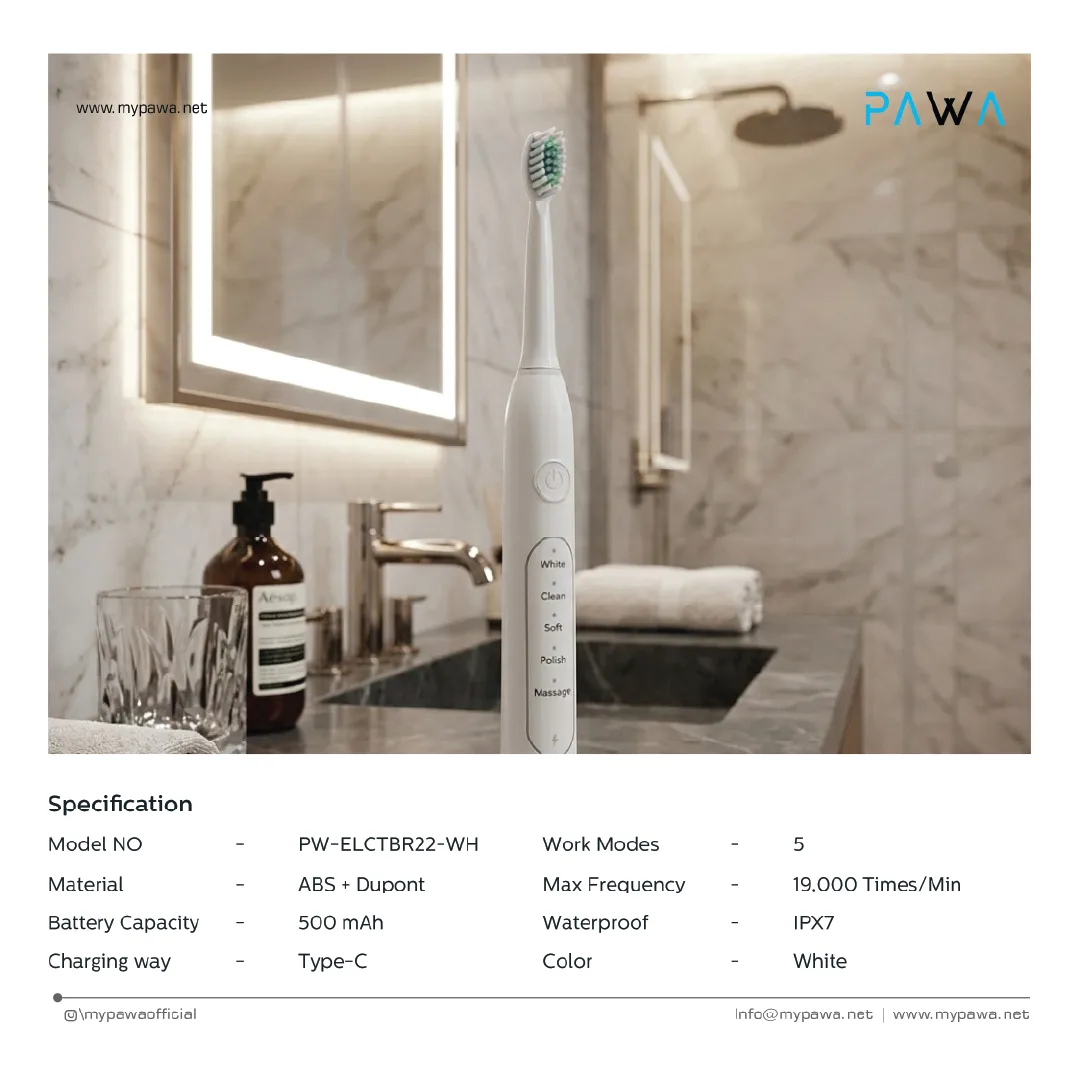 PAWA GLOWCARE ELECTRIC TOOTHBRUSH WITH 4 BRUSH HEADS WHITE PW-ELCTBR22-WH thumbnail 2