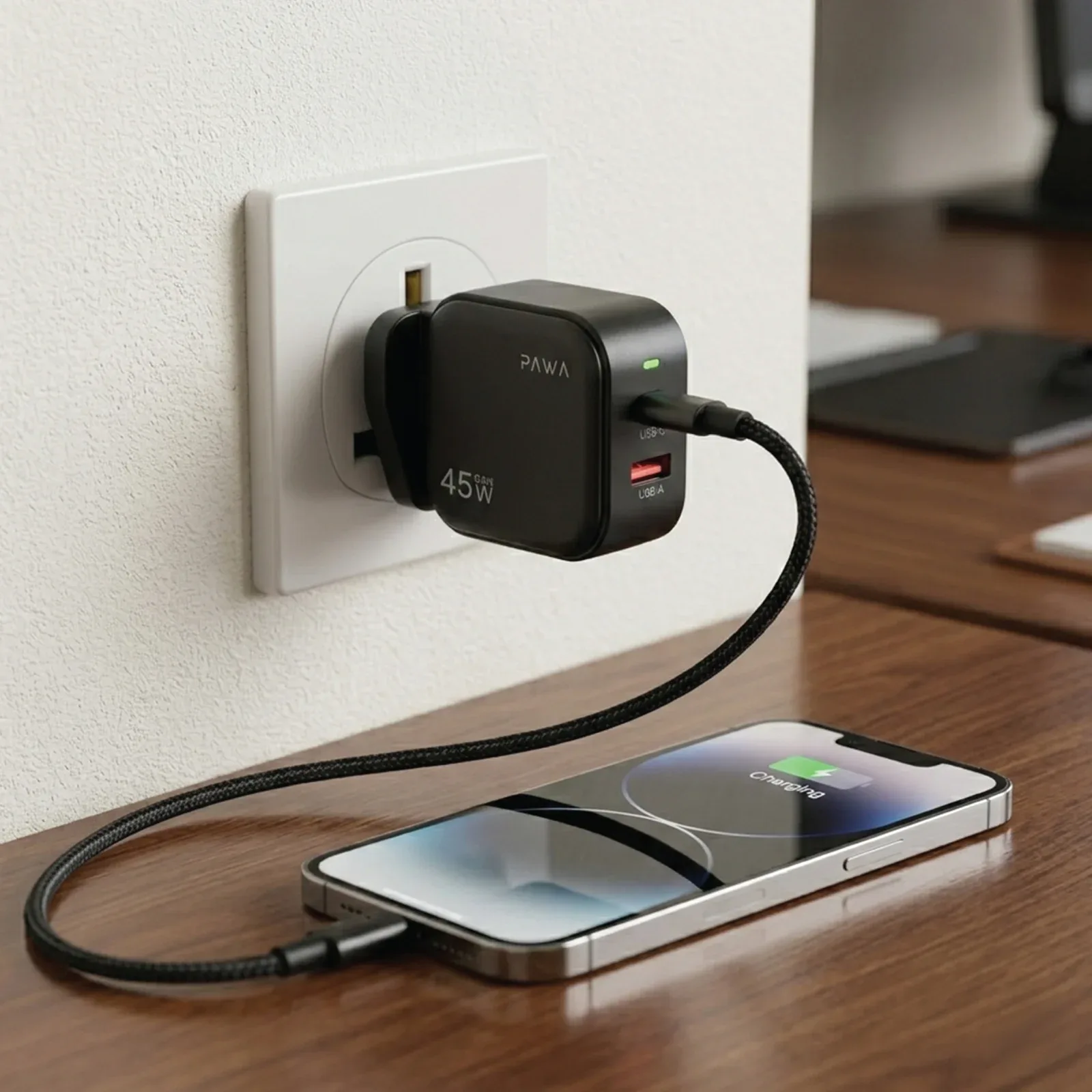PAWA QUICK GAN 45W WITH PD+ QC PORT WITH BRAIDED USB C TO USB C CABLE BLACK PW-GNQC45CC-BK thumbnail 6