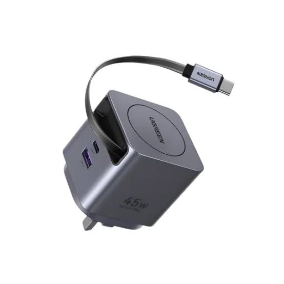 UGREEN NEXODE PRO GAN FAST CHARGER WITH RETRACTABLE CABLE 45W GRAY X614