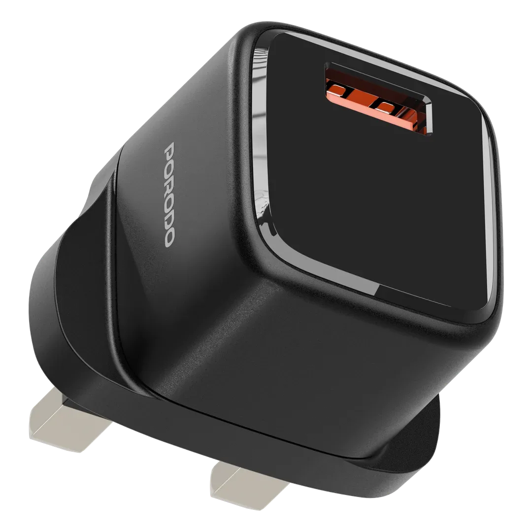 PORODO VIKTOR SERIES 18W USB A WALL CHARGER UK STANDARD INCLUDE USB A TO USB C CABLE BLACK PD802UCBK