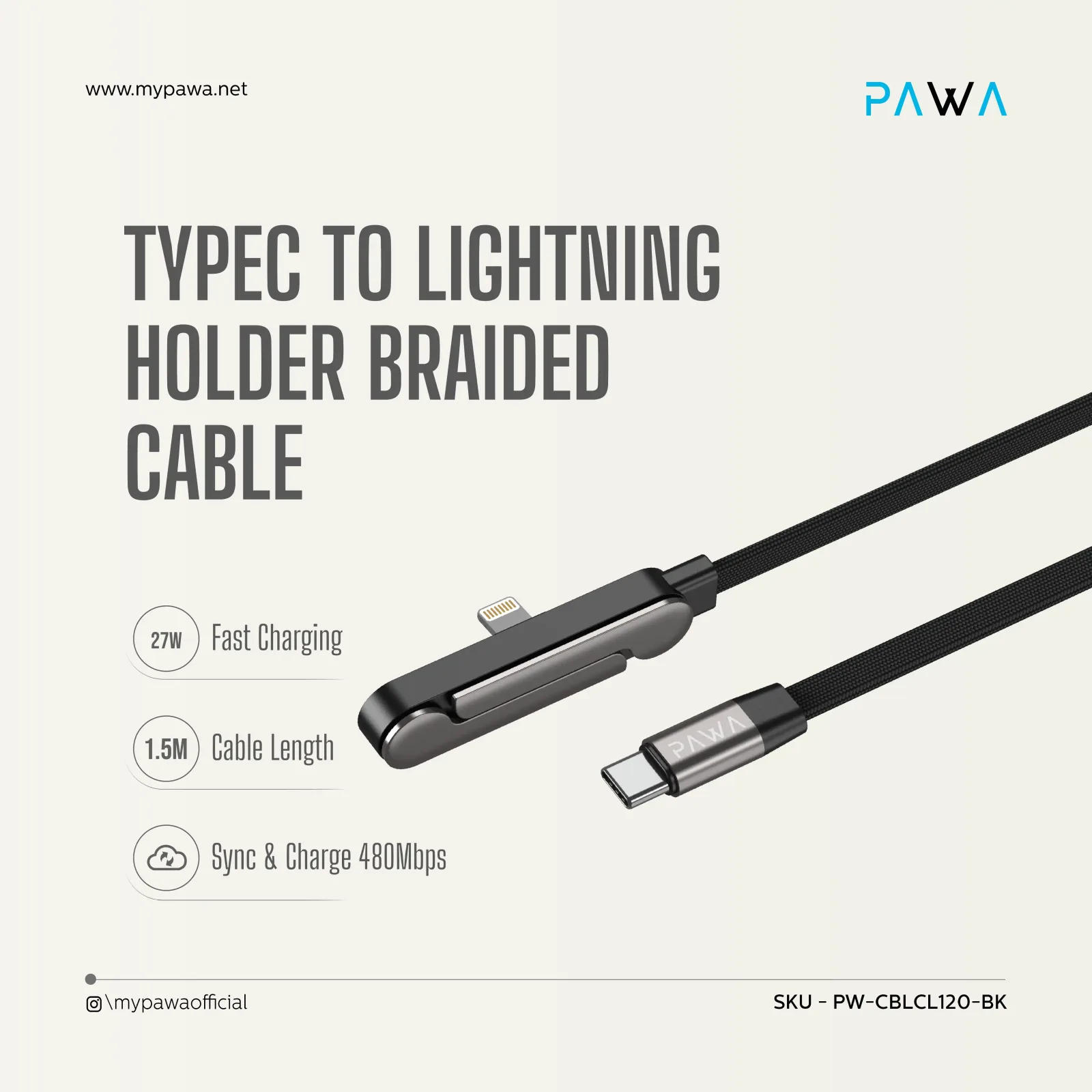 PAWA PIVOT TYPE C TO LIGHTNING HOLDER 1M BRAIDED CABLE 27W BLACK PW-CBLCL120-BK thumbnail 3