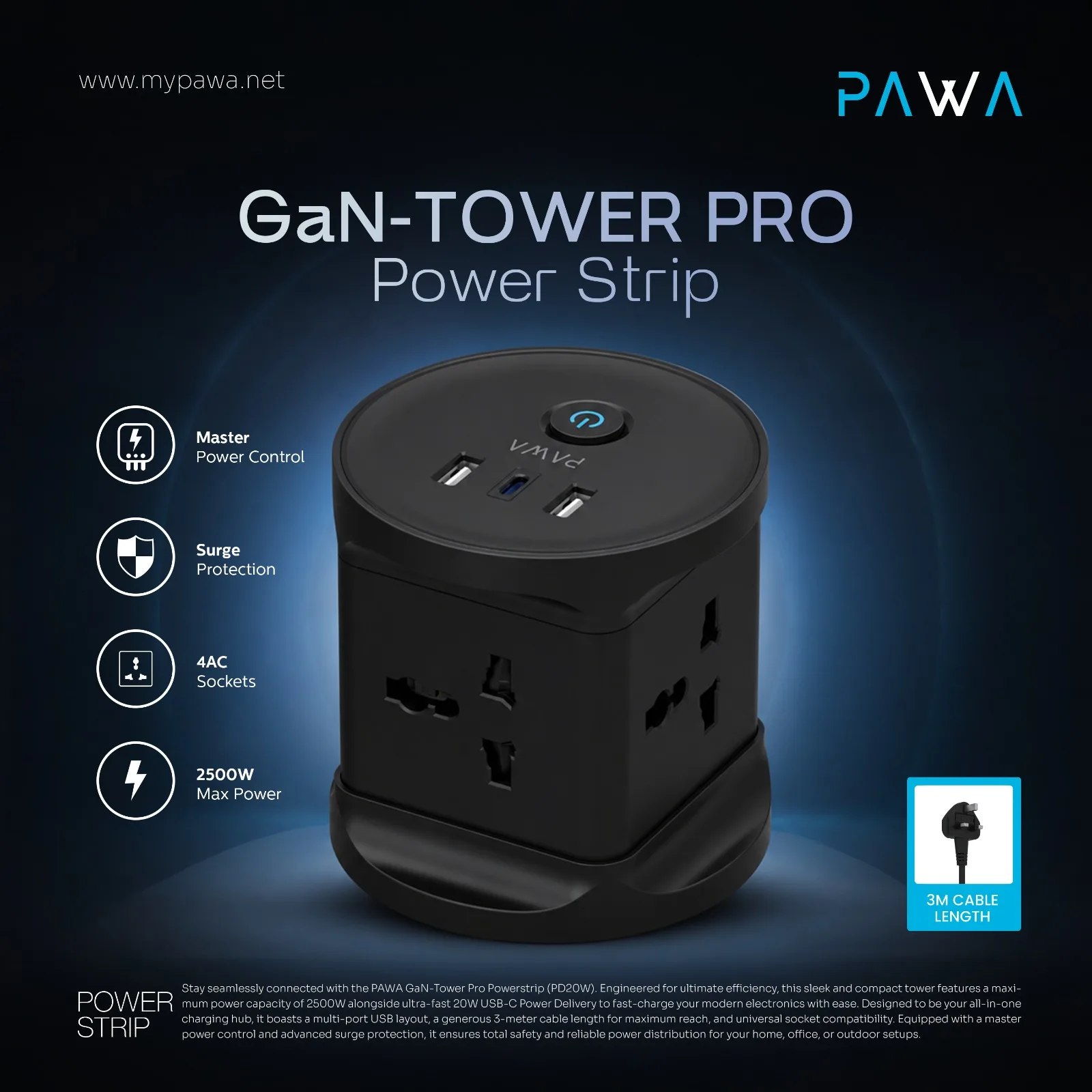 PAWA GAN-TOWER PRO POWERSTRIP WITH 3PORT PD20W BLACK PW-PSTN204P-BK thumbnail 6