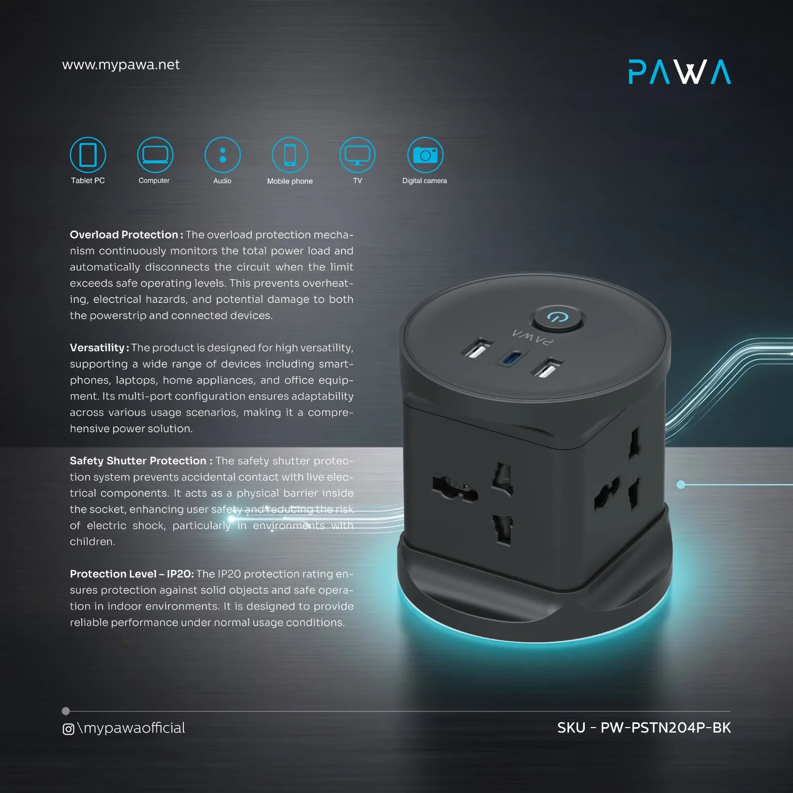 PAWA GAN-TOWER PRO POWERSTRIP WITH 3PORT PD20W BLACK PW-PSTN204P-BK thumbnail 4