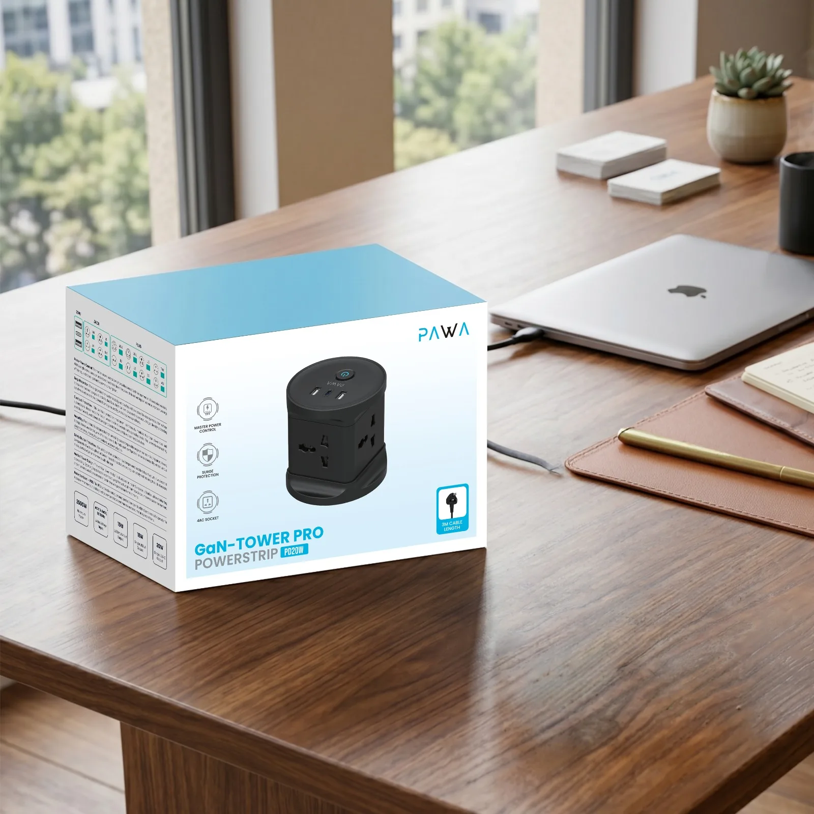 PAWA GAN-TOWER PRO POWERSTRIP WITH 3PORT PD20W BLACK PW-PSTN204P-BK thumbnail 3