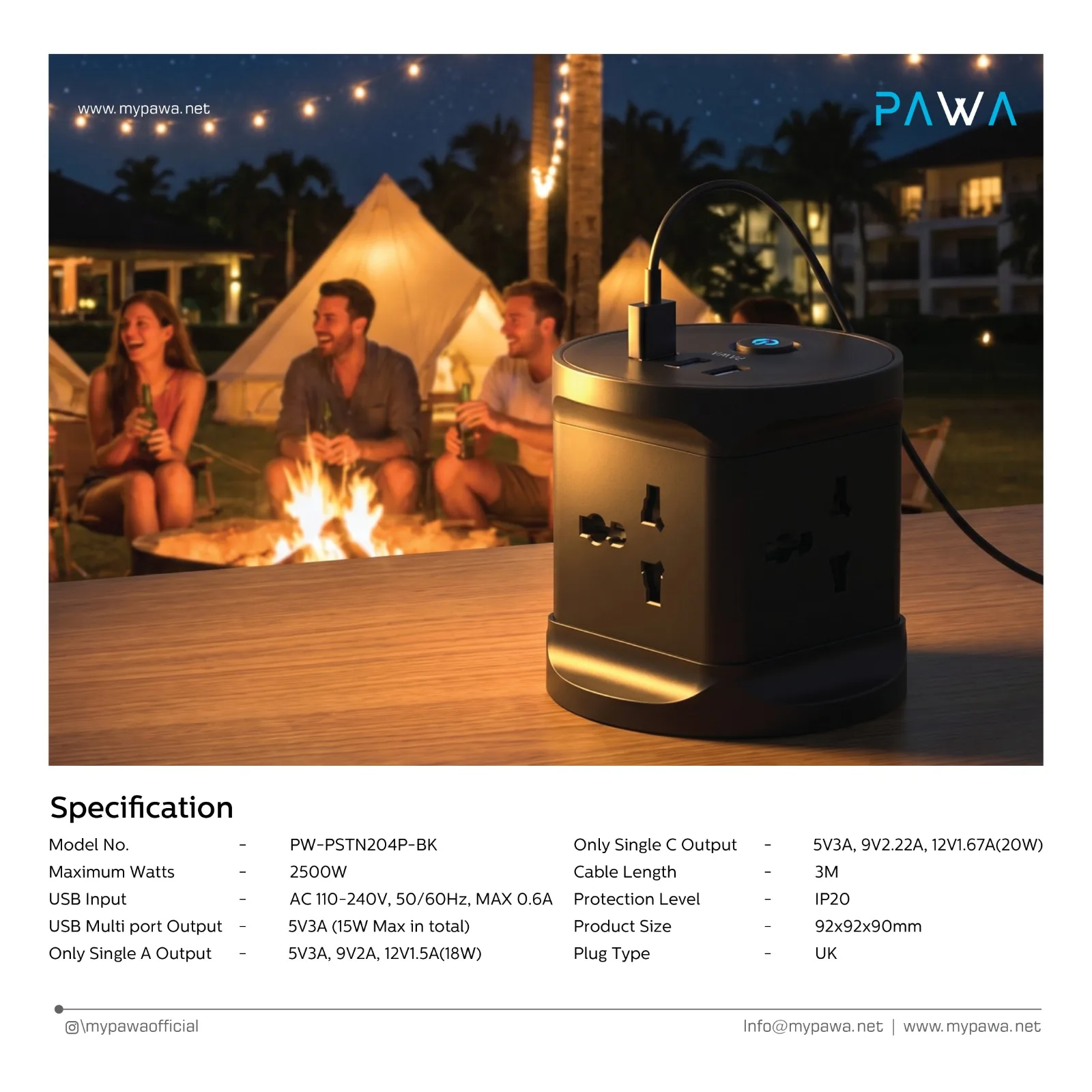 PAWA GAN-TOWER PRO POWERSTRIP WITH 3PORT PD20W BLACK PW-PSTN204P-BK thumbnail 2
