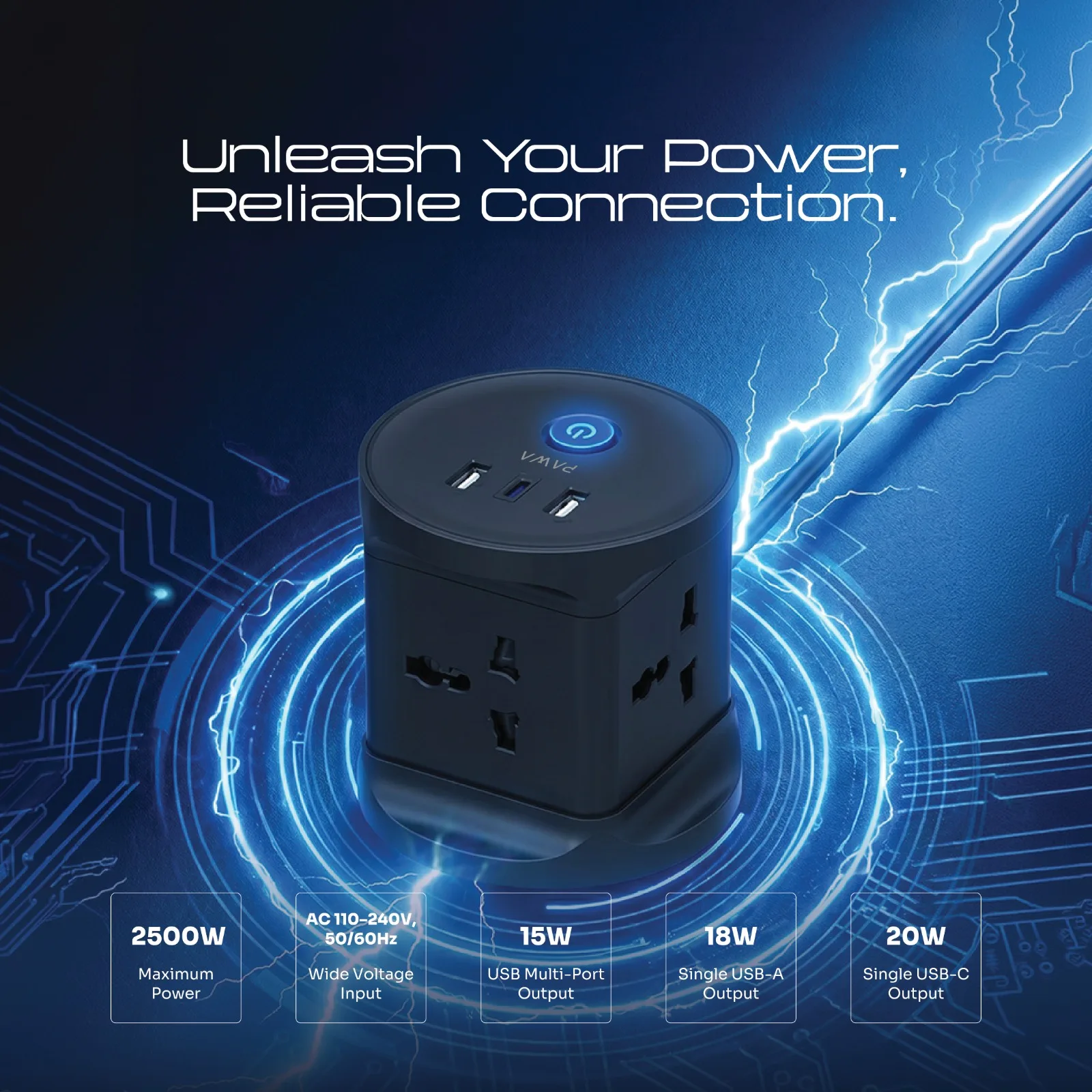 PAWA GAN-TOWER PRO POWERSTRIP WITH 3PORT PD20W BLACK PW-PSTN204P-BK thumbnail 5