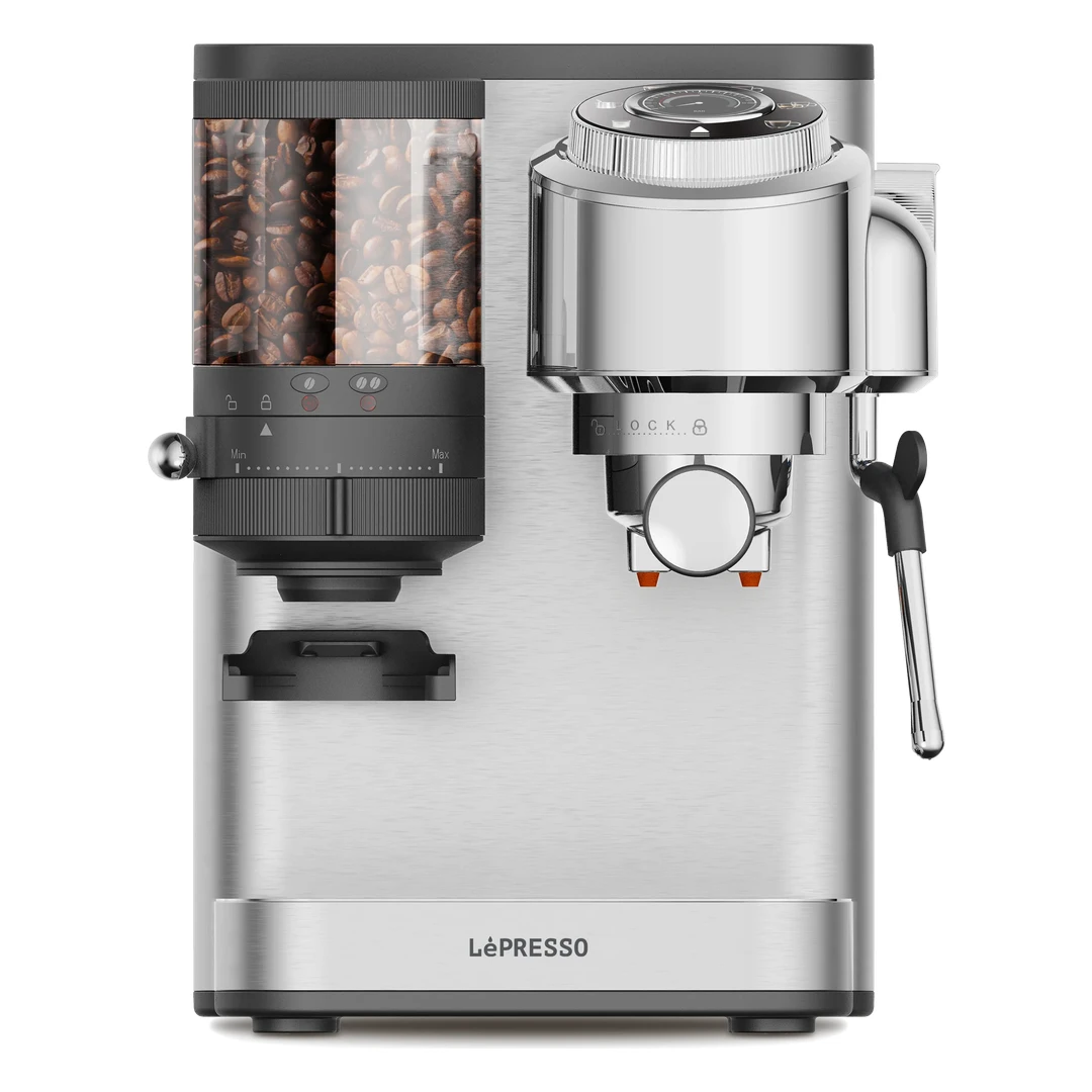LEPRESSO ILBURRONE 20 BAR ITALIAN PUMP COFFEE MACHINE WITH BEAN GRINDER AND STEAM WAND SILVER LPCFFBP0042SL