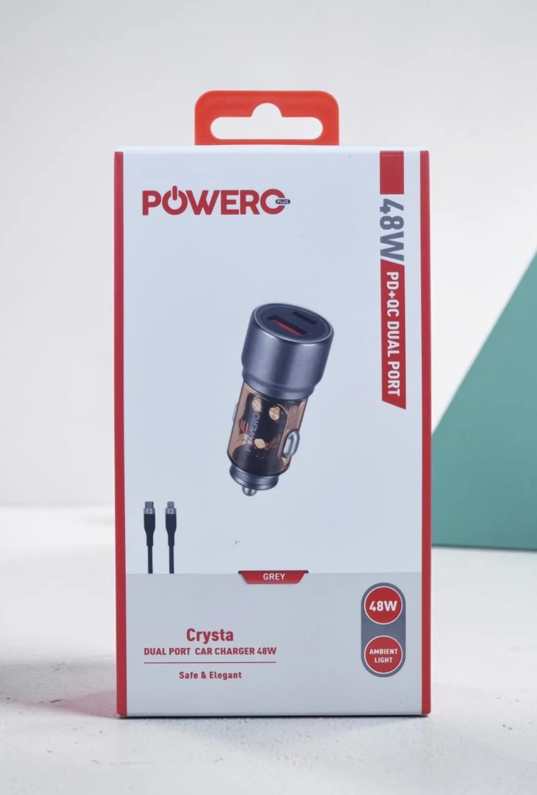 POWERO PLUS CRYSTA PD+QC DUAL PORT CAR CHARGER 48W WITH BRAIDED TYPE C TO LIGHTNING CABLE GREY PR-CCPD55CL-GY
