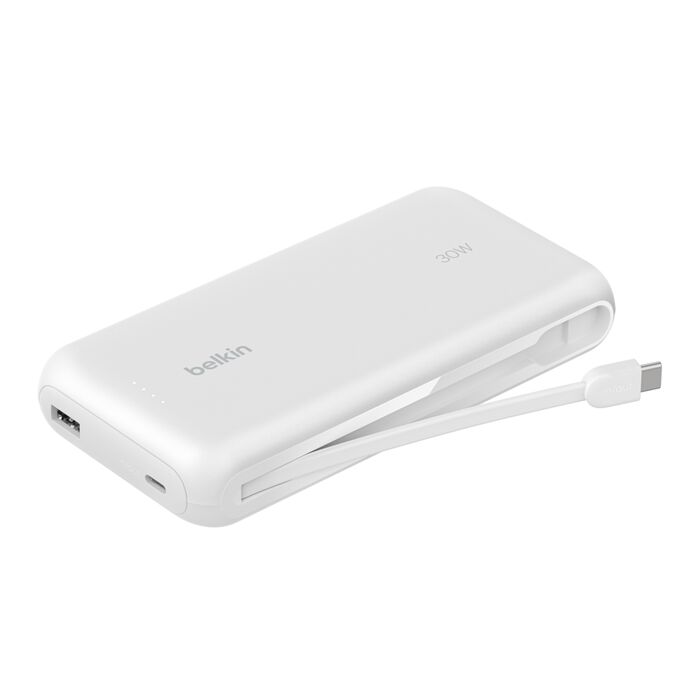 BELKIN BOOST CHARGE POWER BANK 20K WITH USB C INTEGRATED CABLE PD 30W WHITE BPB024HQWH thumbnail 2