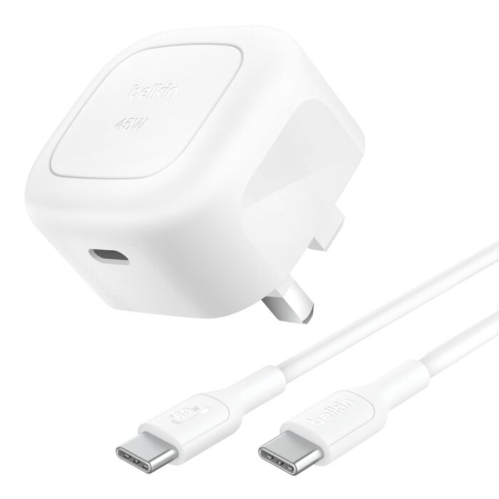 BELKIN BOOST CHARGE COMPACT USB C WALL CHARGER 45W WITH USB C TO USB C CABLE WHITE WCA013MY1MWH-06 thumbnail 2
